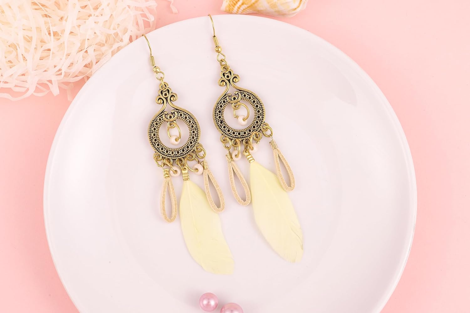 Women Faux Feather Earrings Dream Catcher Earring Natural Feather Bohemian Fringe Earrings Long Drop Dangle Earrings - Image 5