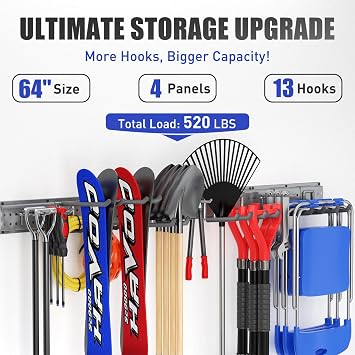 Garage Tool Organizer Wall Mount 64 inches with 13 Adjustable Heavy-Duty Hooks (Grey)