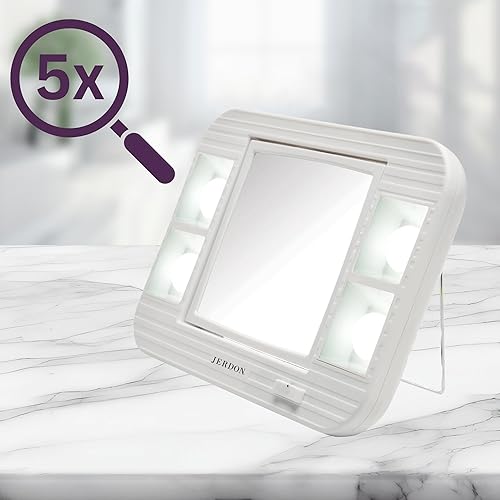 Miniatura 4 de JERDON Espejo de maquillaje de dos caras con luces, espejo de tocador con aumento 5X e iluminación sin reflejos de dos ajustes, base blanca, modelo