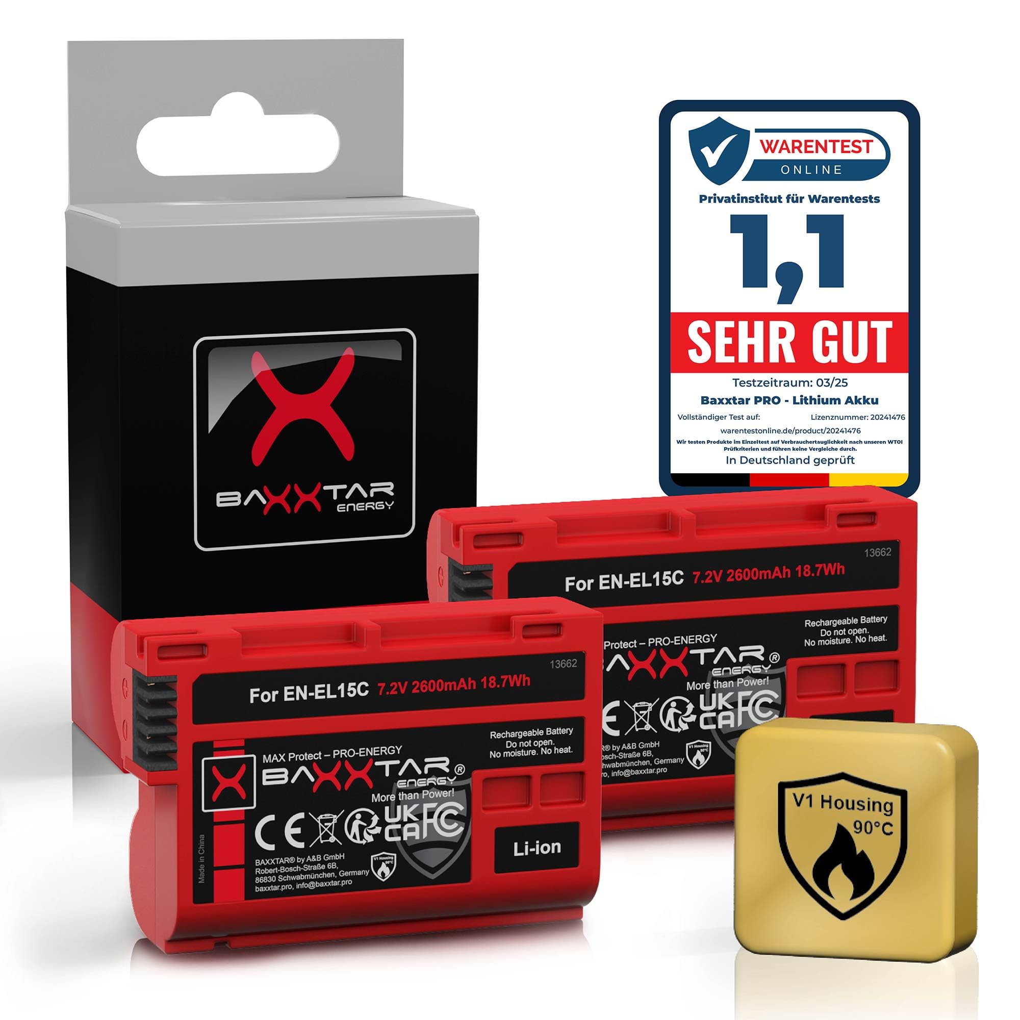 Baxxtar MaxProtect 2X Batterie pour Nikon EN-EL15c EN-EL15b/EL15, 2600mAh