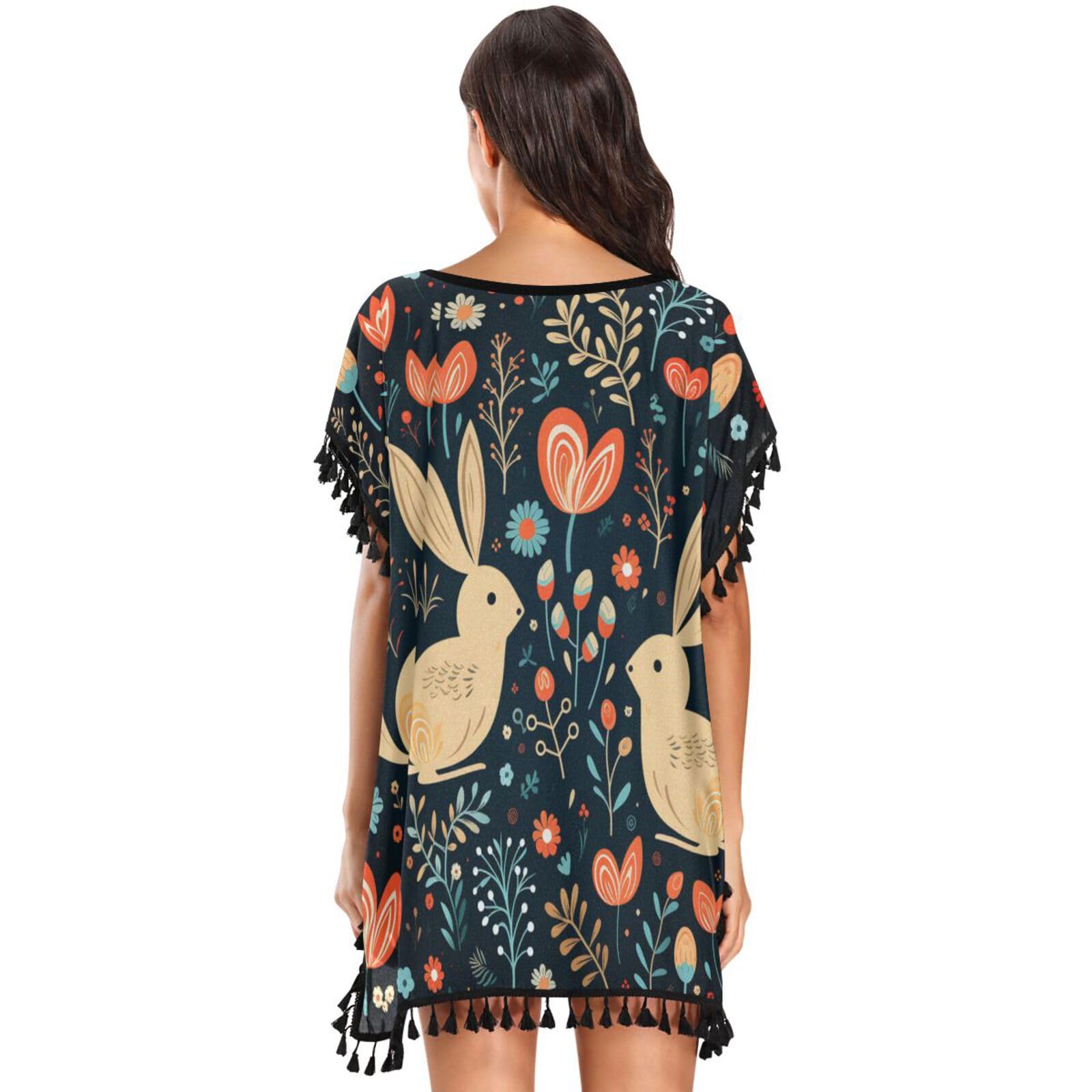 Cute Rabbit Flowers Heart Women's Beach Cover Up Chiffon Tassel Swimwear Swimsuit Coverups for Girl