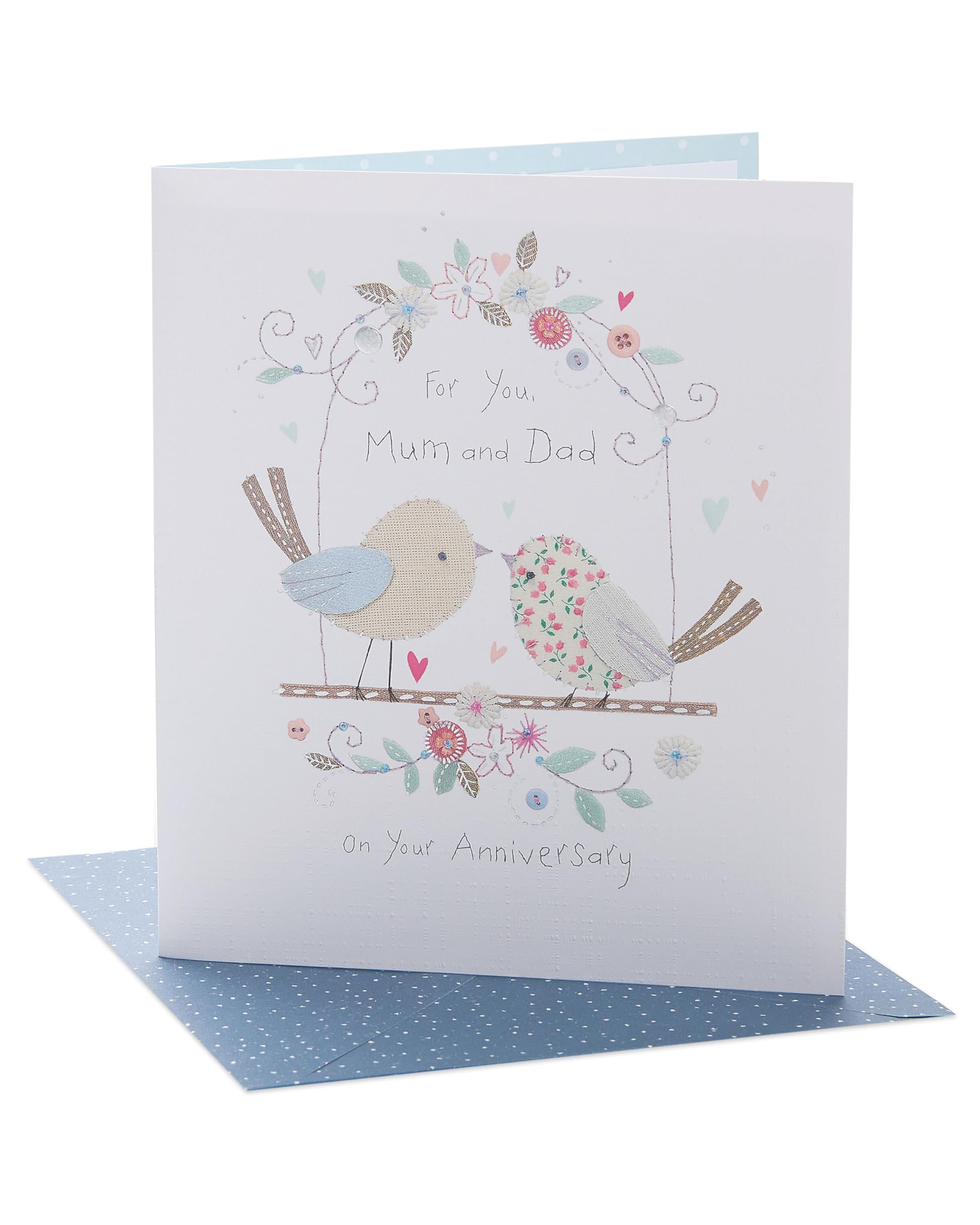 UK Greetings | Wedding Anniversary Card for Mum & Dad | Happy Anniversary | Her/Him | Birds Design | With Envelope | 165 x 190 mm