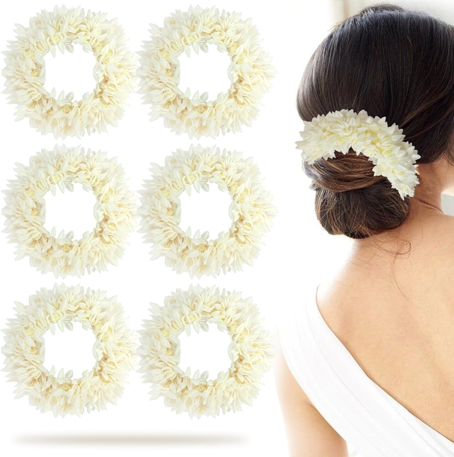 White Color 12 inch Flower Fabric Gajra for Gorgeous Hairstyles Women Hair Band Hair Accessory Set (White)-image-15