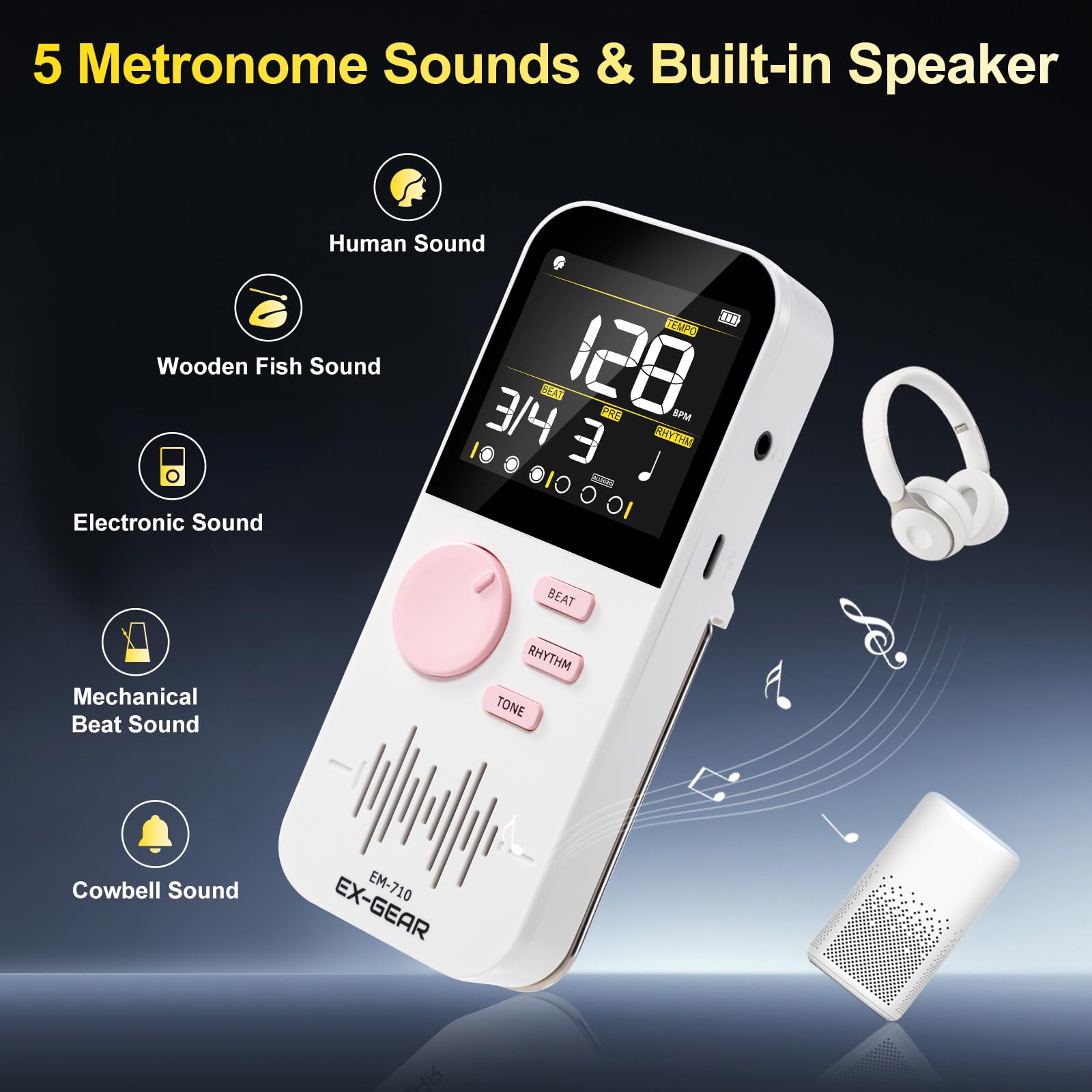 EX-GEAR Digitales Metronom, wiederaufladbar, elektronisches Metronom mit farbigem LCD-Bildschirm, breiter Tempobereich und mehreren Zeitsignaturen für Klavier, Gitarre, Violine, Schlagzeug und alle