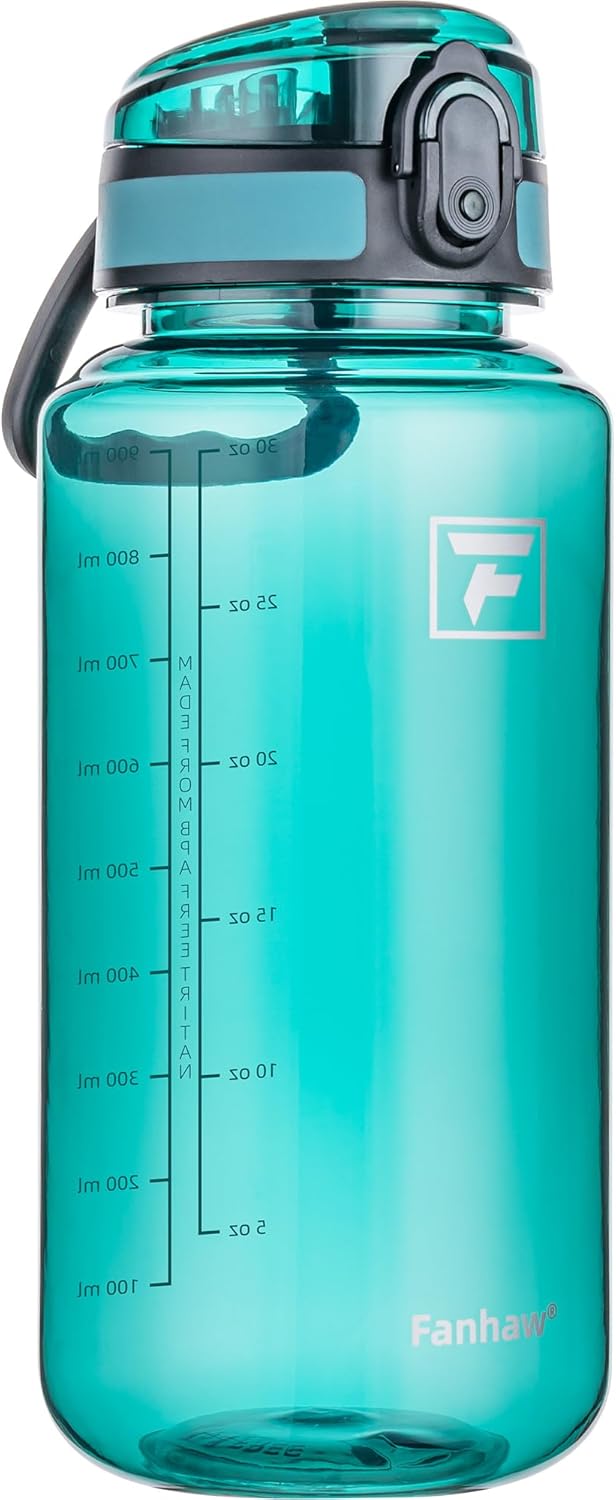 Fanhaw 32 Oz Clear Tritan Water Bottle, BPA-Free & Leak-Proof, Wide Mouth with Anti-dust Chug Lid, Reusable Plastic Bottle for Gym, Travel, School & Office (Dark Green)