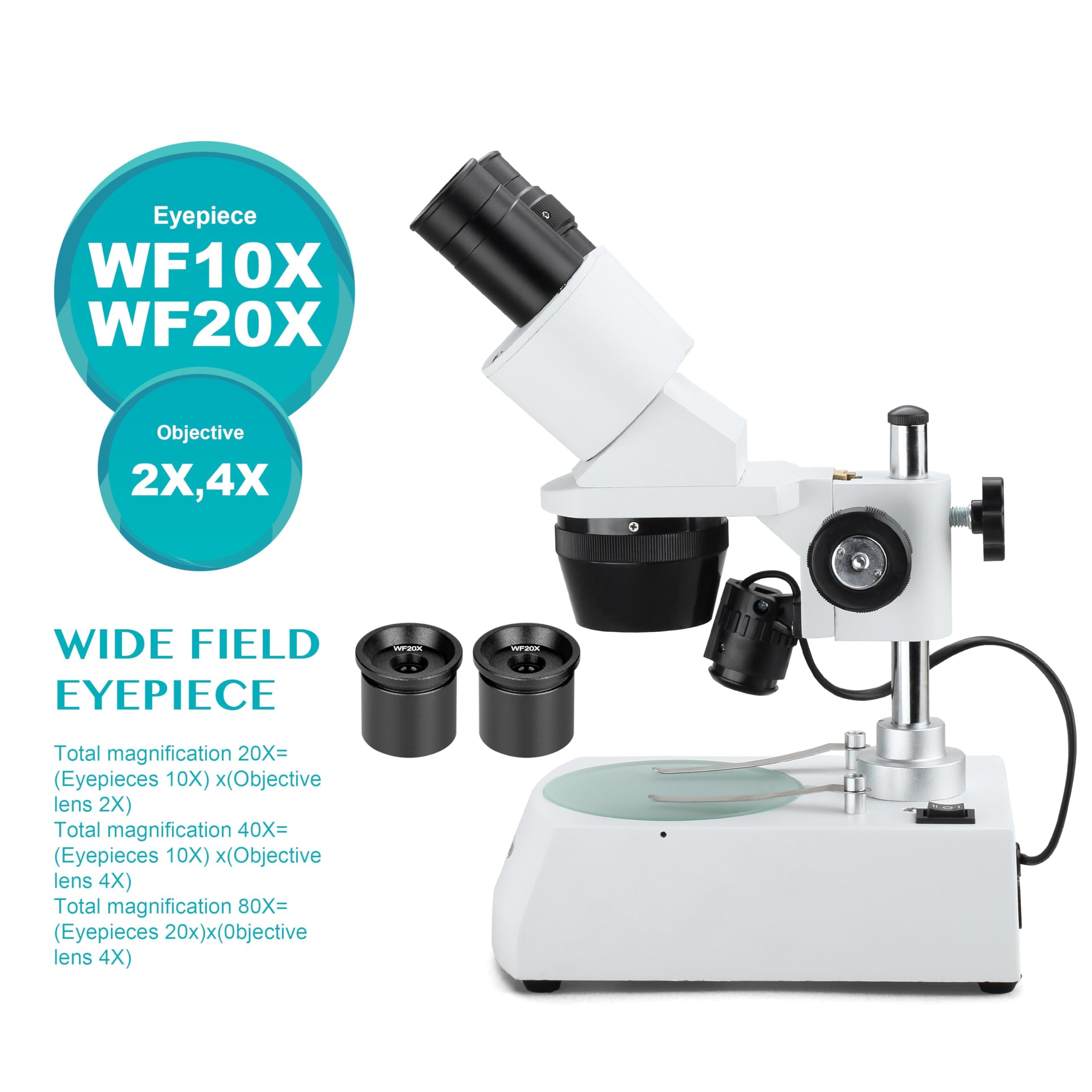 AOMEKIE Stereo Microscopio 20X/40X/80X Binoculare a Montaggio Frontale Oculari WF10X e WF20X, Obiettivi 2X e 4X Illuminazione LED Superiore e Inferiore Piastra Palcoscenico Reversibile Nero/Bianco.