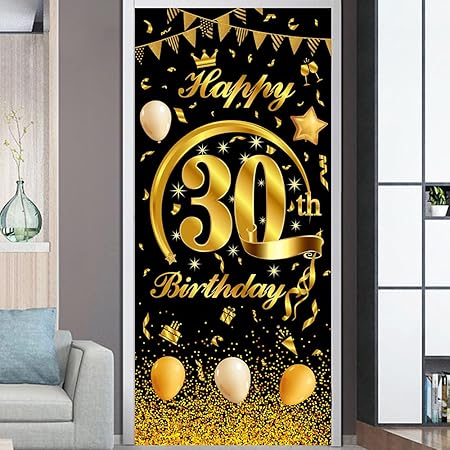 Amazon Com Mocossmy Happy 30 歲生日門橫幅 大型黑色和金色生日快樂門廊照相背景背景標誌 適合女性 男性 送禮 室內 戶外 生日 派對用品裝飾 玩具和遊戲