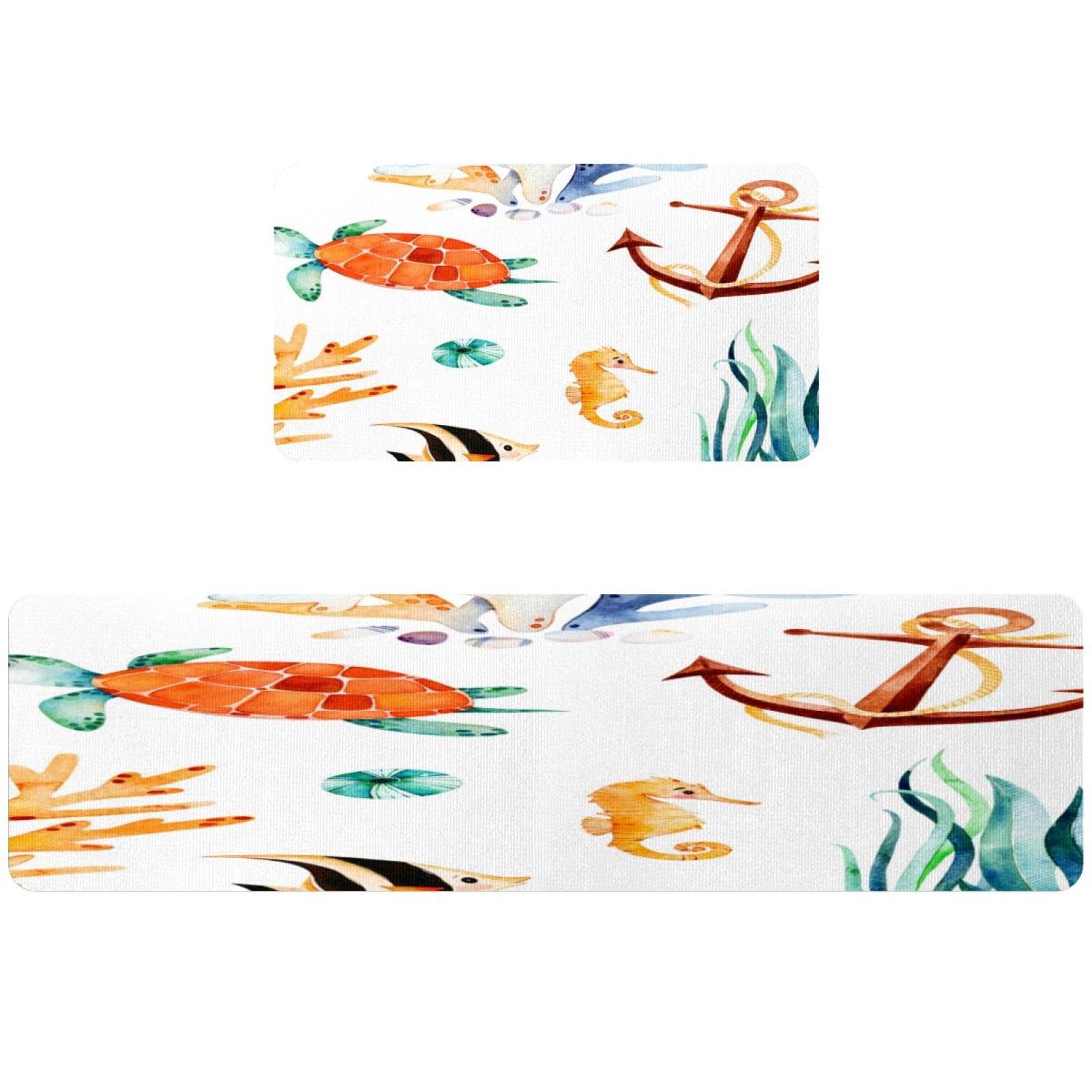 Tapis de cuisine absorbant Seaworld | Lot de 2 avec motifs tortue et corail