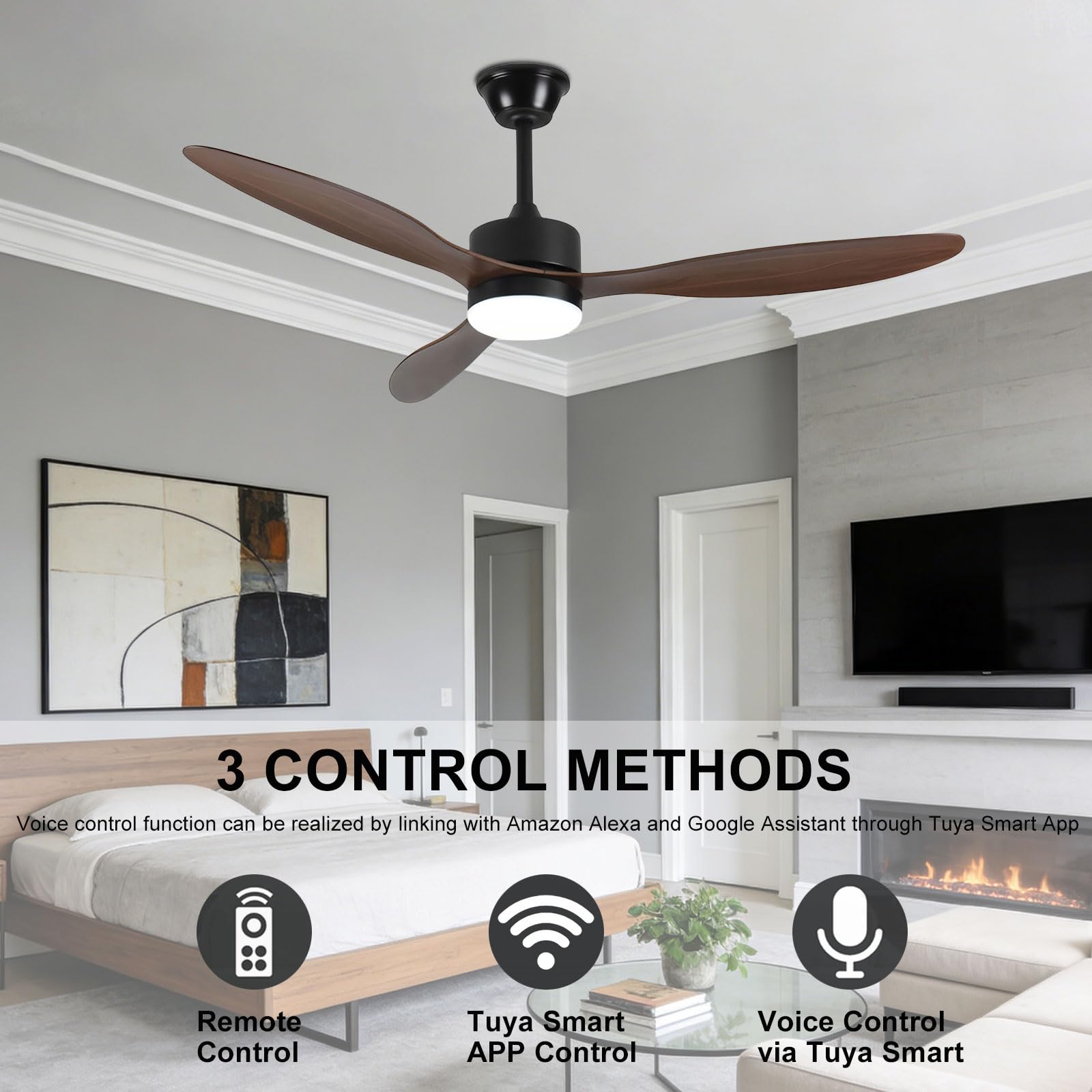 Ventilador de Techo Moderno con luz, 6 velocidades, silencioso, LED Regulable, Ideal para Dormitorio, Comedor y Sala de Estar. Control Remoto Inteligente/por aplicación/por Voz.