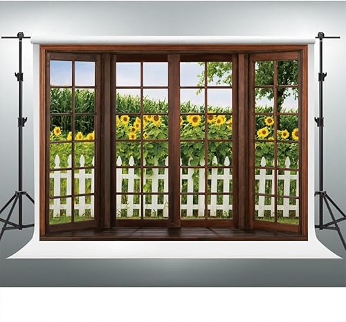 Miniatura 3 de YongFoto Telón de fondo de ventana de primavera de 5 x 3 pies, girasoles, jardín, valla rústica, paisaje, fotografía, fondo para niña, mujer, fiesta