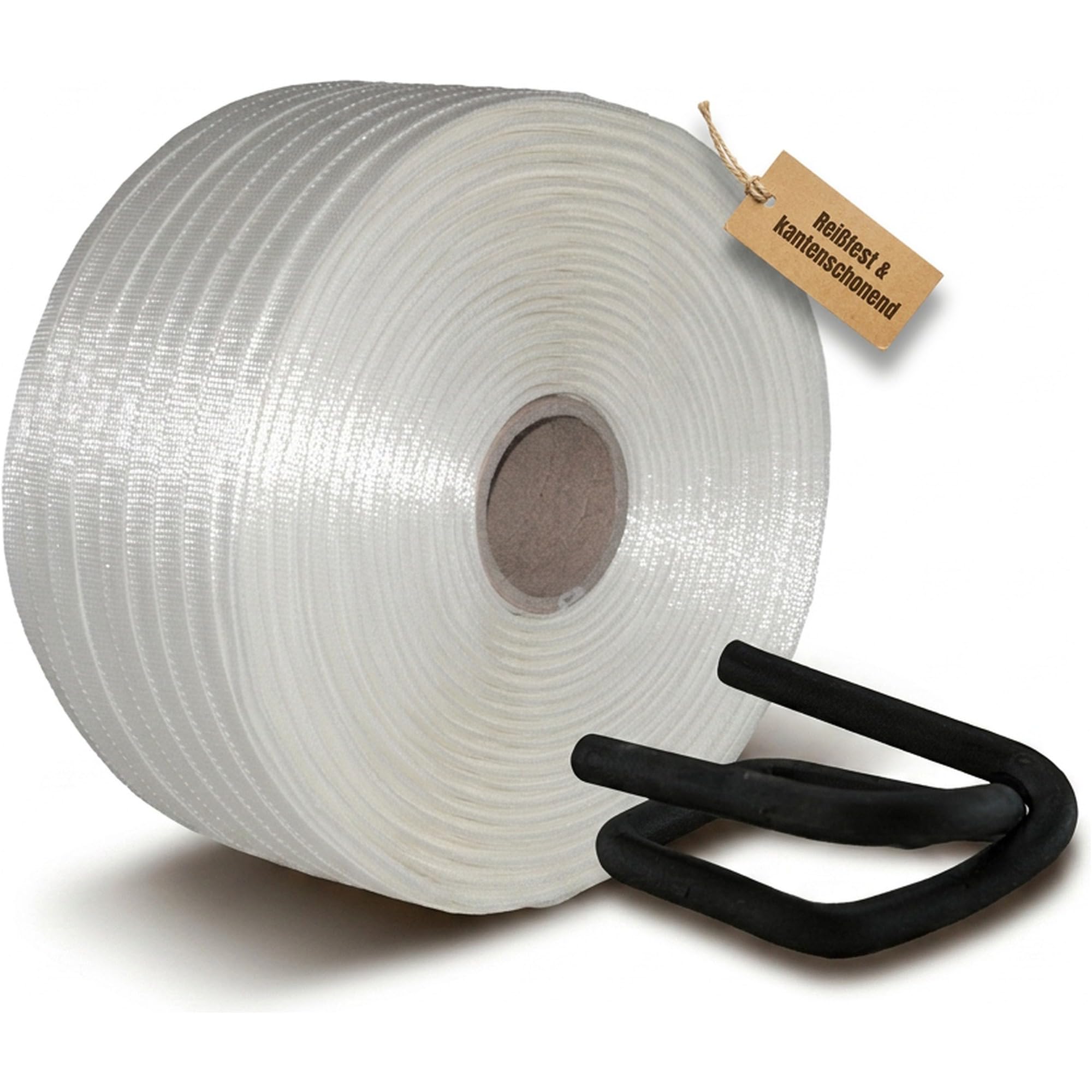 KK Verpackungen Umreifungsset Textil gewebt 19 mm | 100 Verschlussklemmen phosphatiert, 600 m Umreifungsband | Reißfestigkeit 600 KG, Polyester | Kerndurchmesser 76 mm | Zum Bündeln
