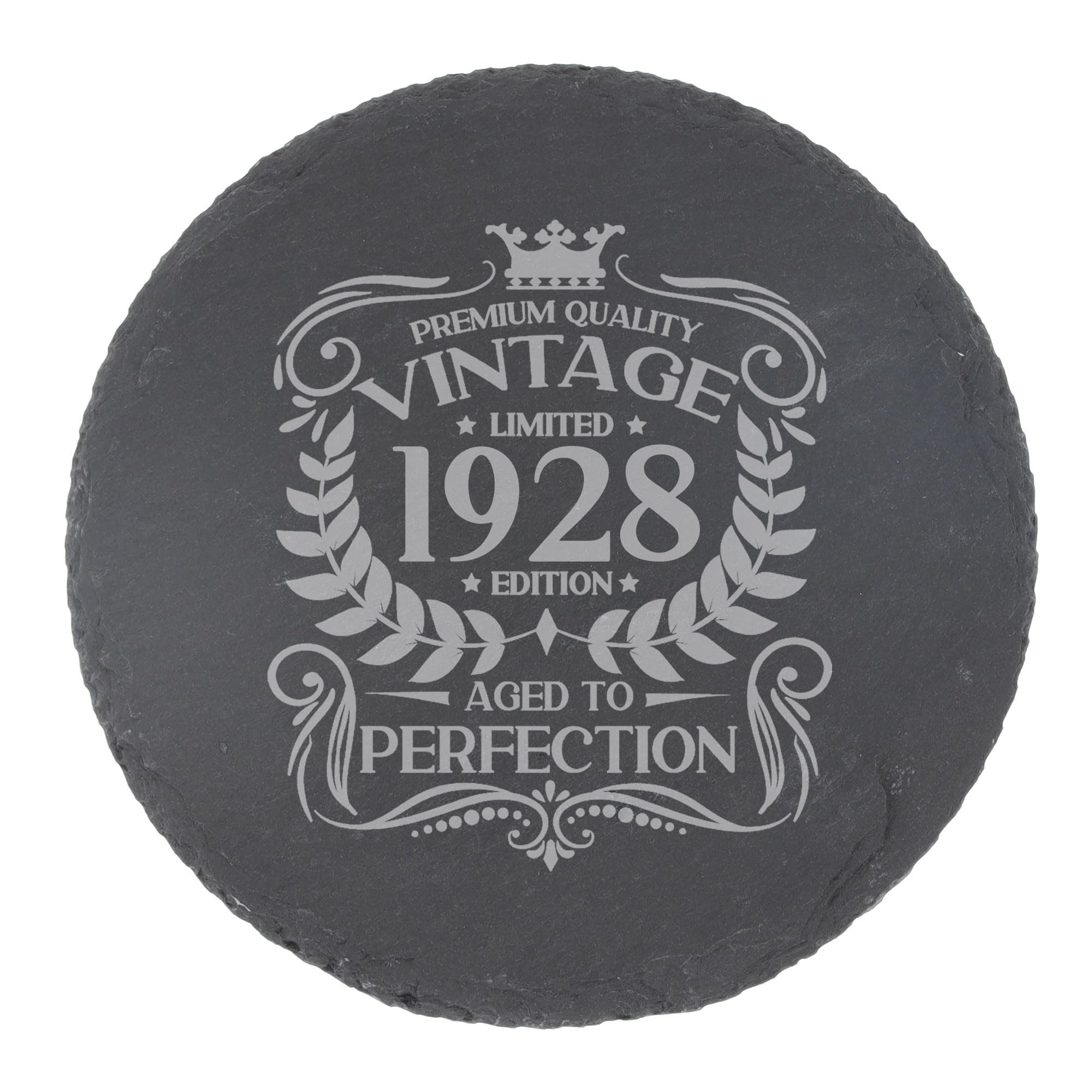 98th Birthday Gift for Men Vintage 1928 Aged to Perfection Engraved Slate Coaster Present for 98 Year Old Etched Natural Slate Placemat (Round Slate) — image 1