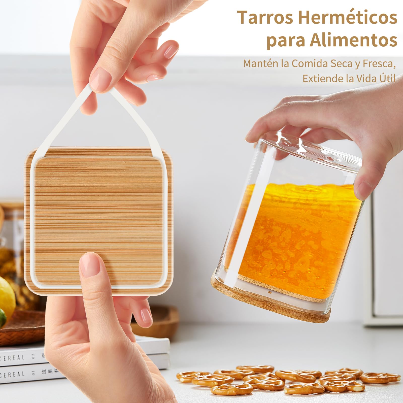 MESNEY Paquete de 6 tarros de vidrio para almacenamiento de alimentos de 1600 ml con tapas de bambú, recipientes herméticos y apilables para cocina y despensa, tarros de vidrio transparente ecológicos