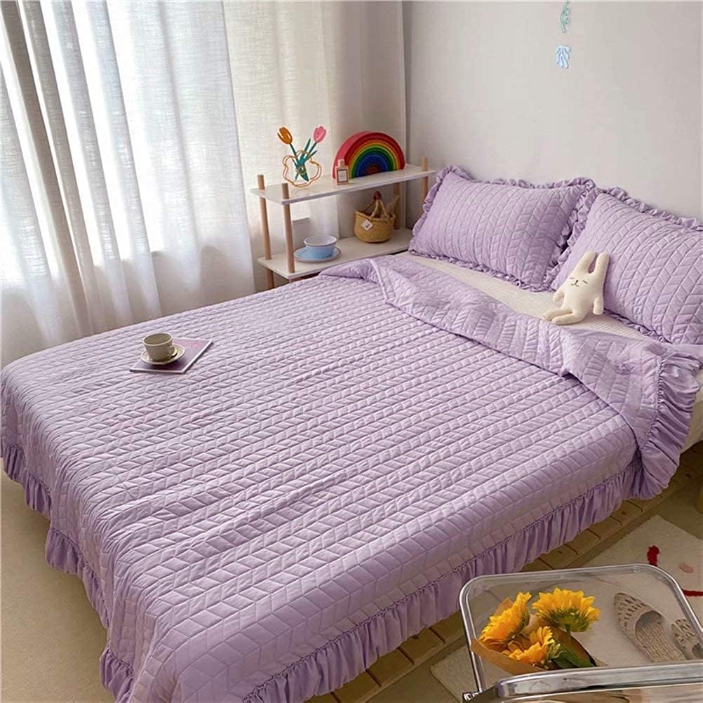 3pcs Set Summer Quilted Bedspread Quilt Set Full Size Ruffled Texture Bedspread Coverlet Set Teen Girls Summer Blanket with Pillowcases Lightweight Microfiber Yellow 150 * 200 (Purple 200 * 230)