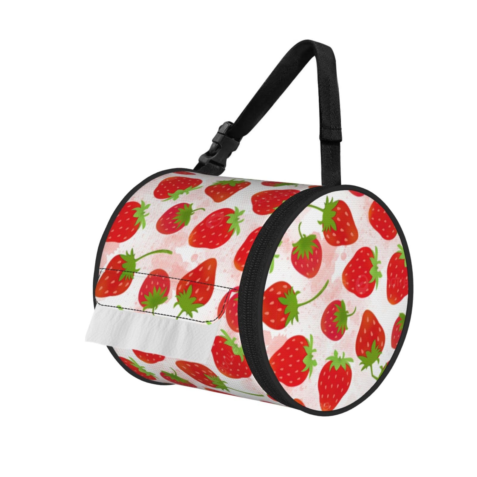 Strawberry Print Cylinder Tissue Holder Bag With Strap, Portable Roll Dispenser Case For Car Rv Camping