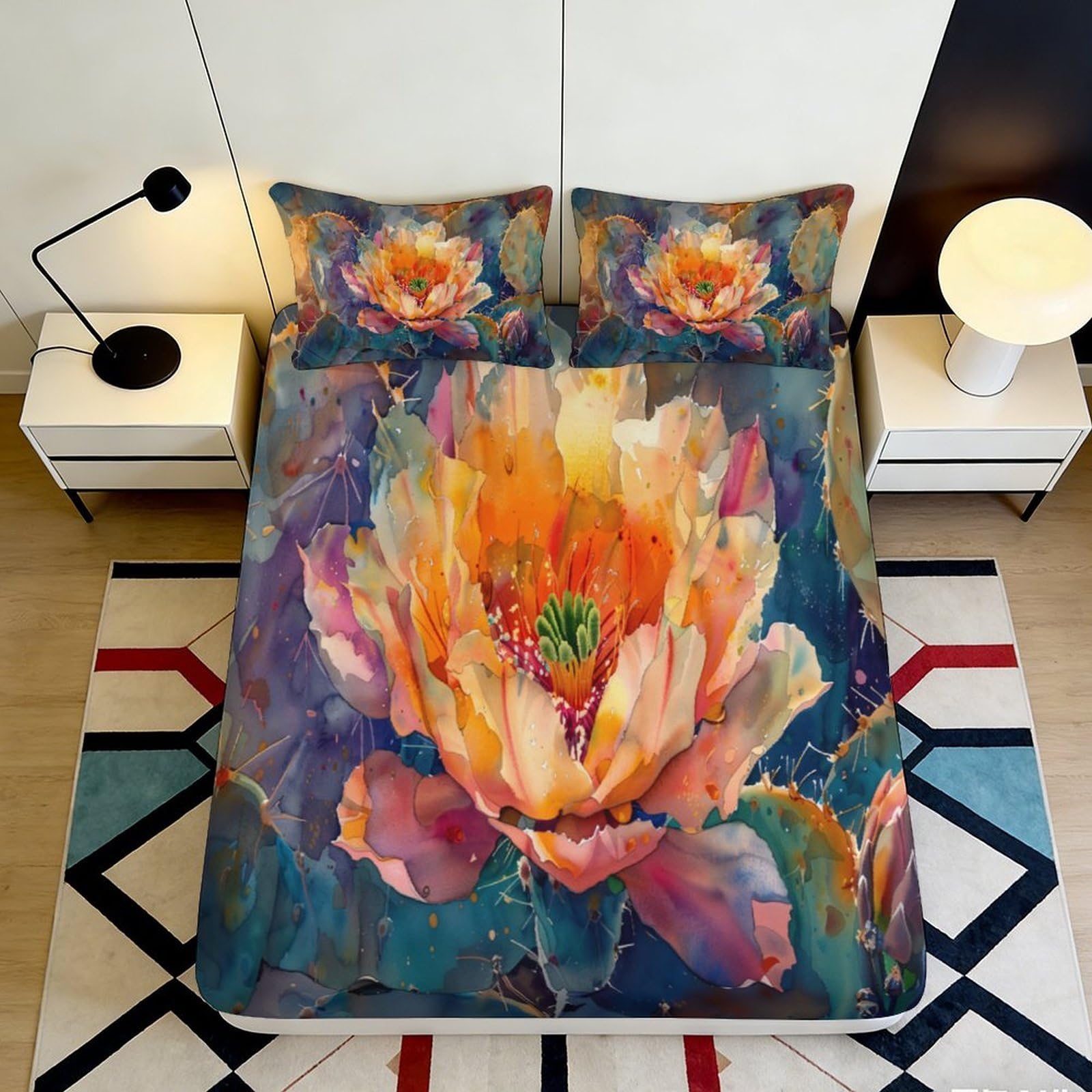 3D Printed Watercolor Flower Fitted Sheet Microfiber Bedroom Decor Abstract Blossom Mattress Cover for Home Dorm 90x200x25cm