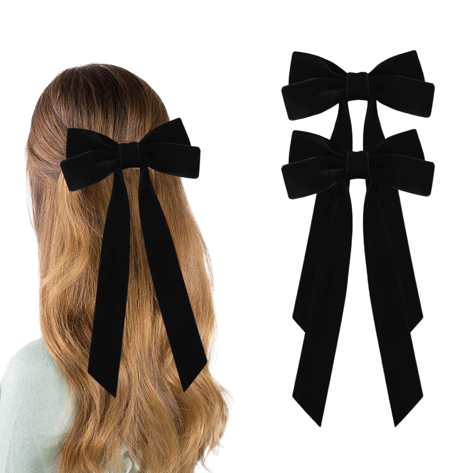 2Pcs Red Hair Bow, Burgundy Velvet Hair Bow for women Solid Color Bowknot Hair Clips for Girl Accessories Christmas Bows (Black)