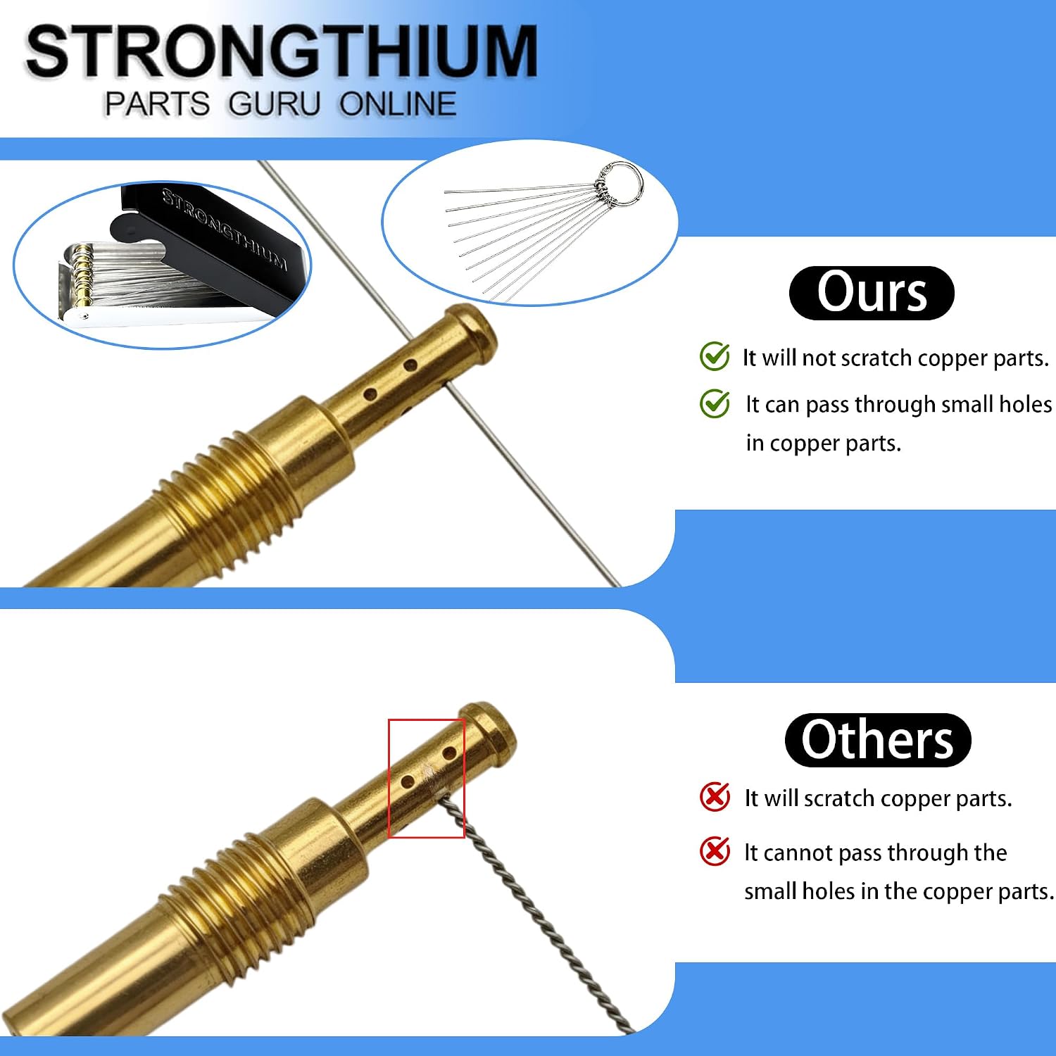 Strongthium Copper Carburetor Jet Cleaning Tool Kit for Carb Jets Motorcycle ATV LawnMower Generator Small Engine with Soft Wire Needles & Nylon Brushes