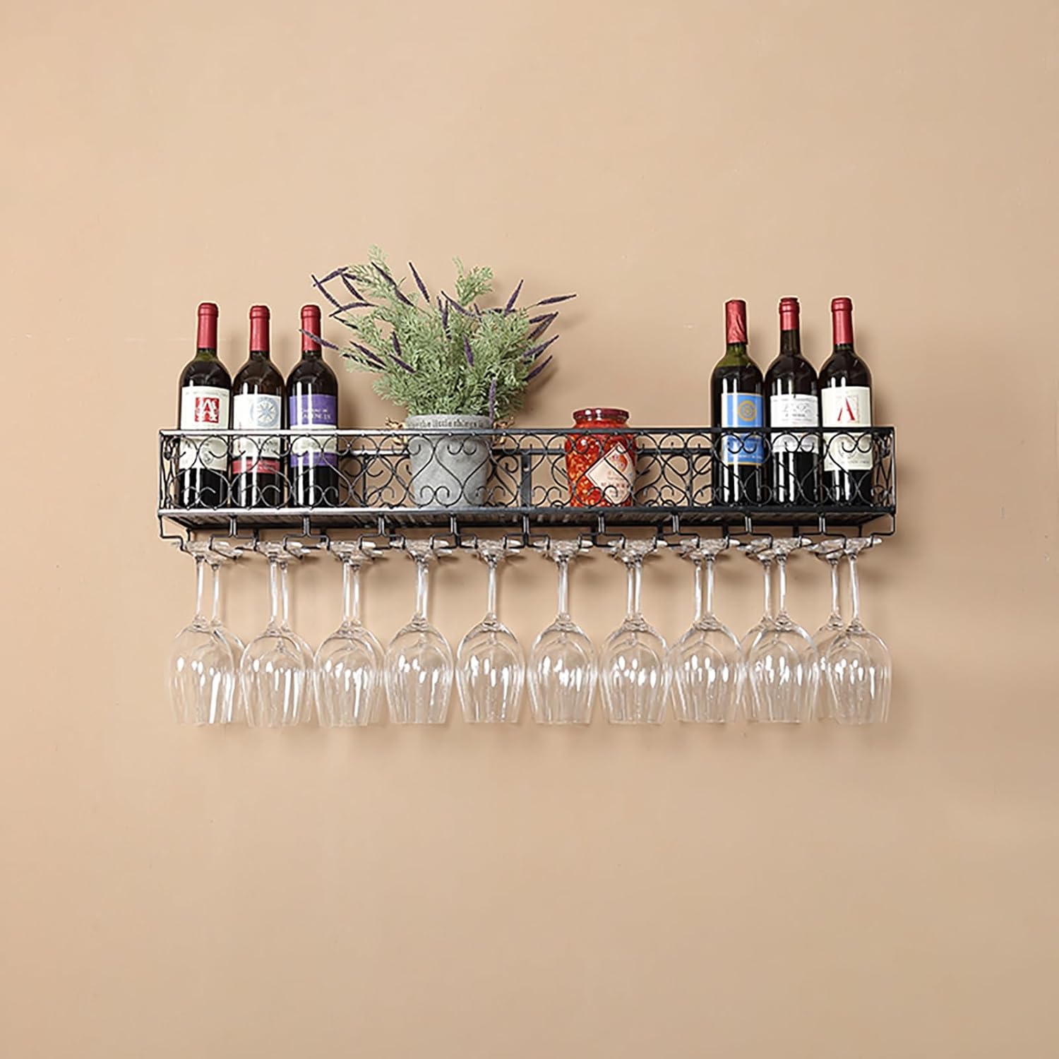 Black Wall Mounted Wine Rack,Modern Bar Floating Wall Shelves,Metal Wine Storage Racks with Stemware Hanger,Wine Bottle Wine Glass Holder Iron Display Stand,for Home,Kitchen,Wine C