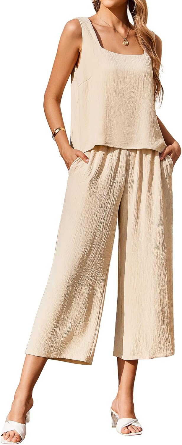 Ekouear Womens 2 Piece Outfits Sleeveless Top Capri Pants