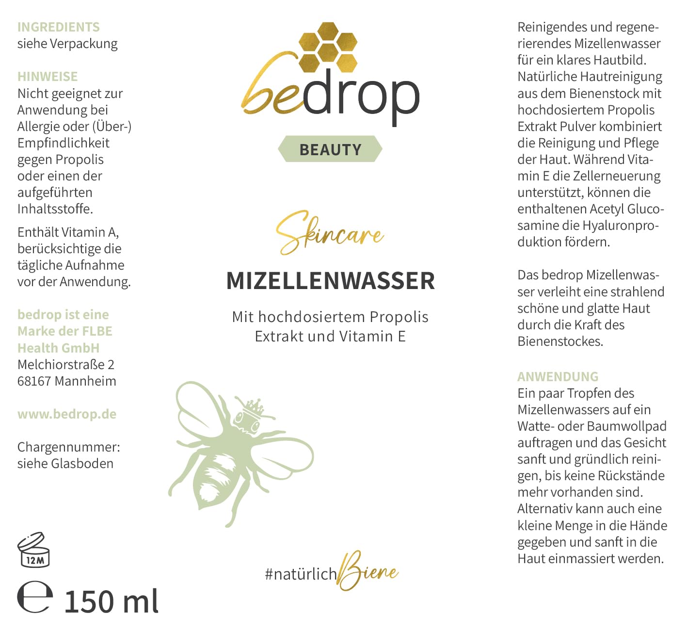 bedrop Mizellenwasser Tonikum Gesichtswasser mit Propolis Extrakt & Vitamin E gegen unreine Haut & Verfeinerung des Hautbildes, Gesichtsreinigung für jeden Hauttyp - (3x 150ml Sparset)