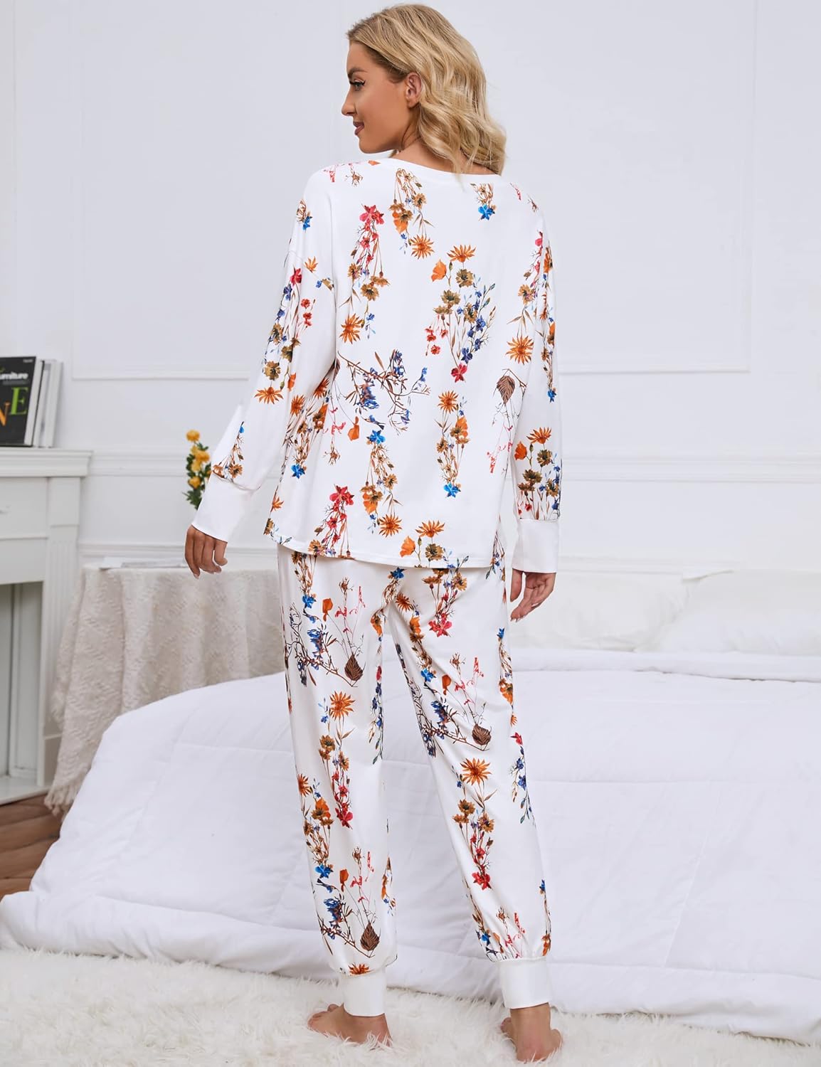 BLUEMING Women's Long Sleeve Pajama Set, Casual Soft Print Pullover 2 Piece Sweatshirt  Pajama Set with Pockets, Apricot Flower, XX-Large : Amazon.sg