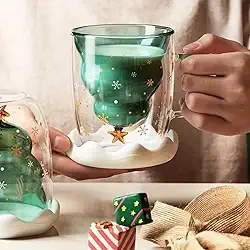 Caneca de árvore de Natal de vidro de parede dupla de 340 g com tampa, copo isolado de floco de neve para bebidas, presente para amantes de café
