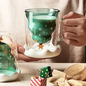 Caneca de árvore de Natal de vidro de parede dupla de 340 g com tampa, copo isolado de floco de neve para bebidas, presente para amantes de café