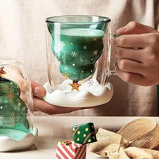Double Wall Glass Christmas Tree Mug with Lid, 12 oz Holiday Snowflake Insulated Cup for Drinks, Gift for Coffee Lovers