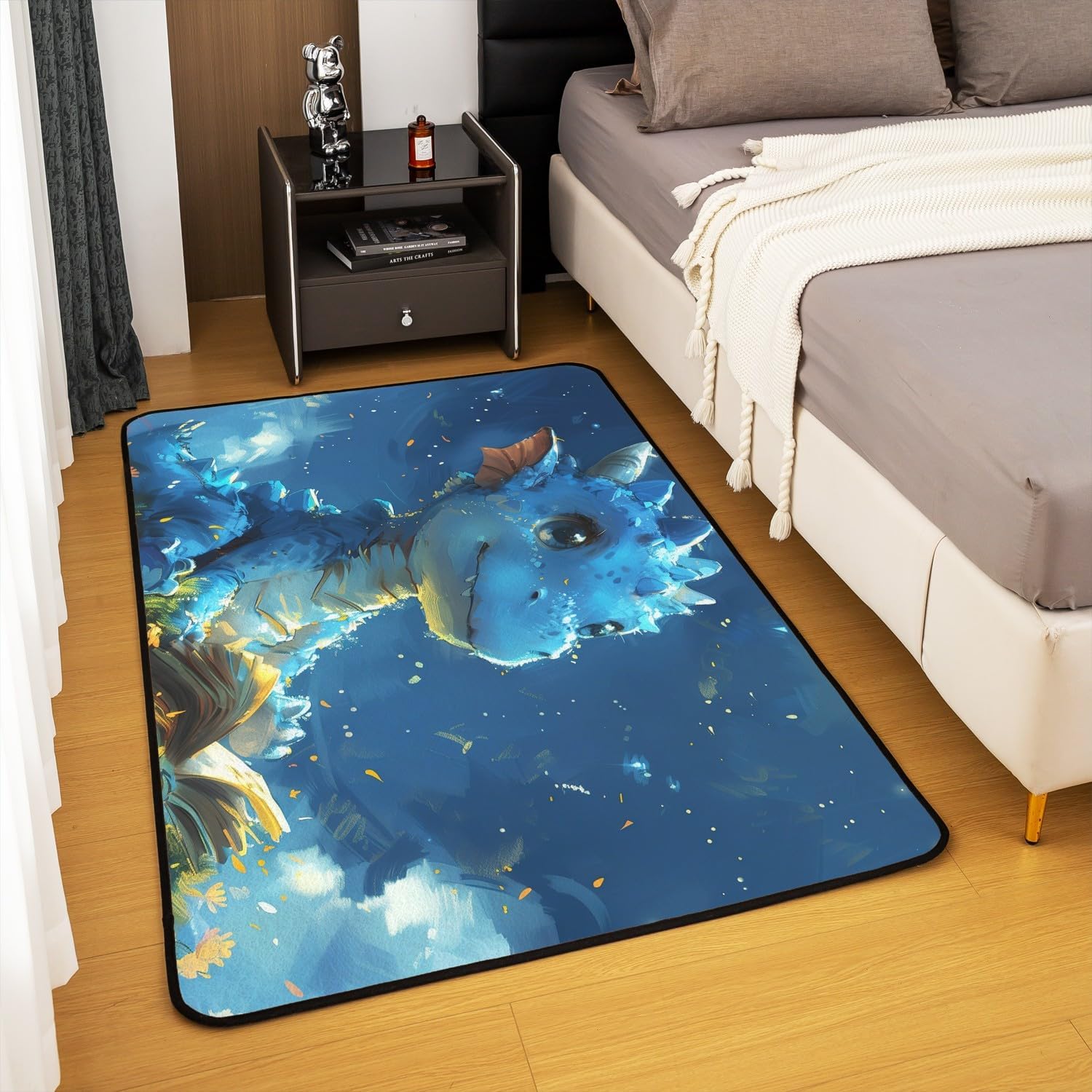 Erosebridal Cute Dinosaur Carpet 5x7,Kawaii Blue Pterosaur Area Rug for Boys Teens,Flood Dragon Indoor Floor Mat,Wild Rain Trees Animal Decorative Rug for Playroom
