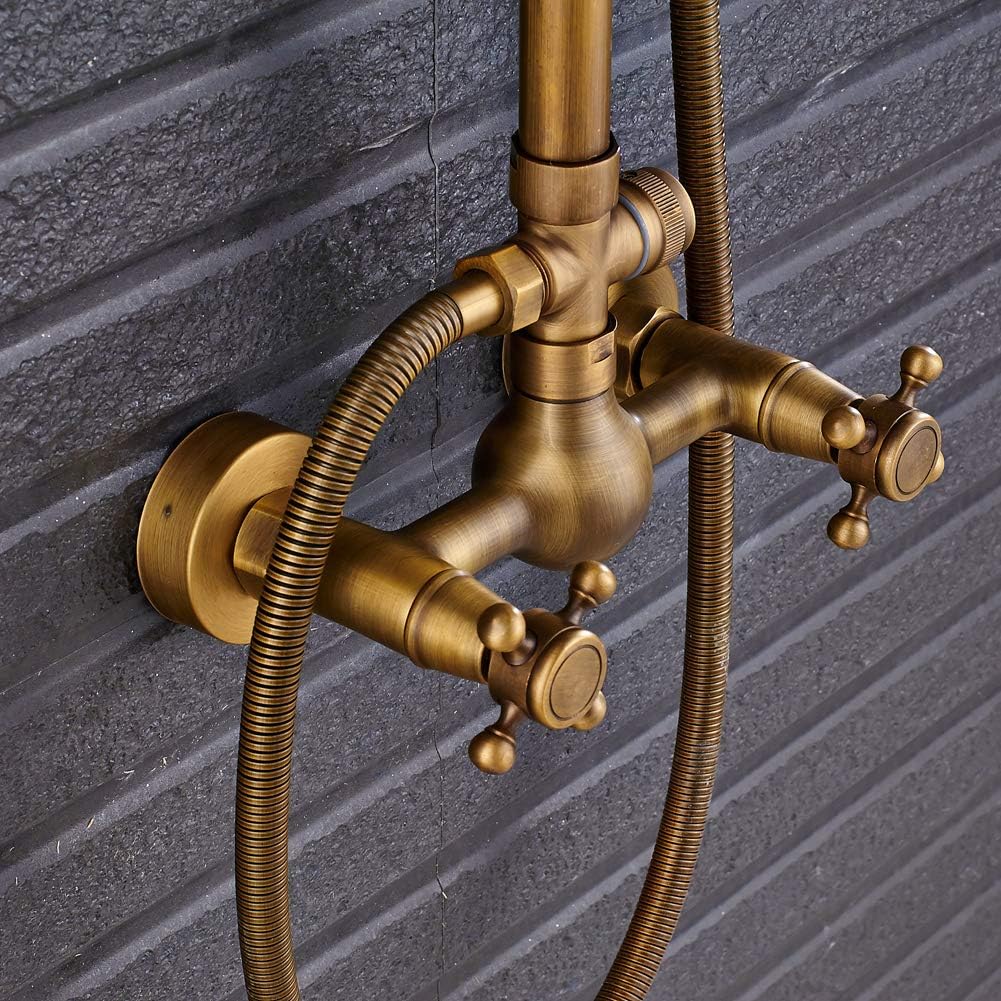 Best Deal Votamuta Brass 8 Inch Rain Shower Head with Hand Sprayer,Wall Mount Shower Faucet Set,2 Way Diverter Mixer Valve,Antique Brass Finish