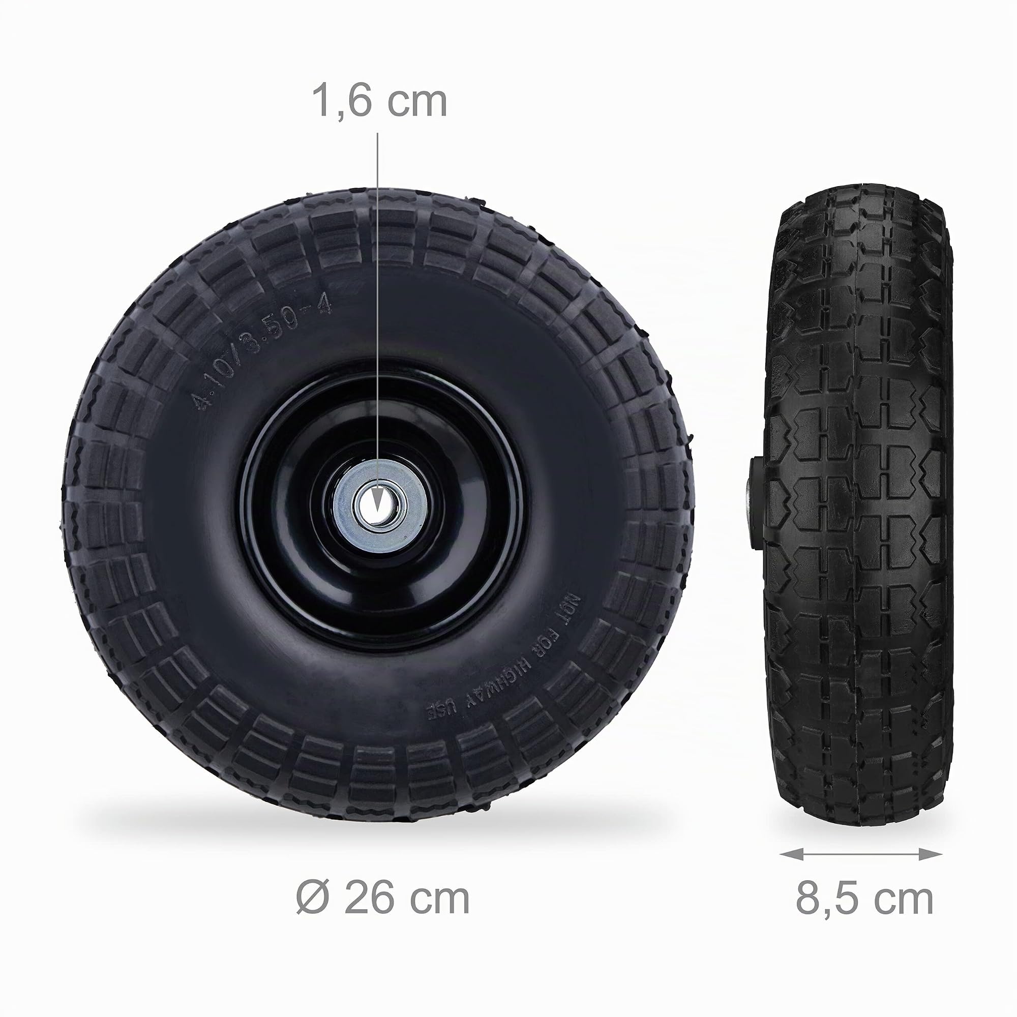 4x Ruote per Carrello, Pneumatici in Gomma Antipanne, 4.1/3.5-4", Asse 16mm, fino a 150 kg, 260x85mm, Nero