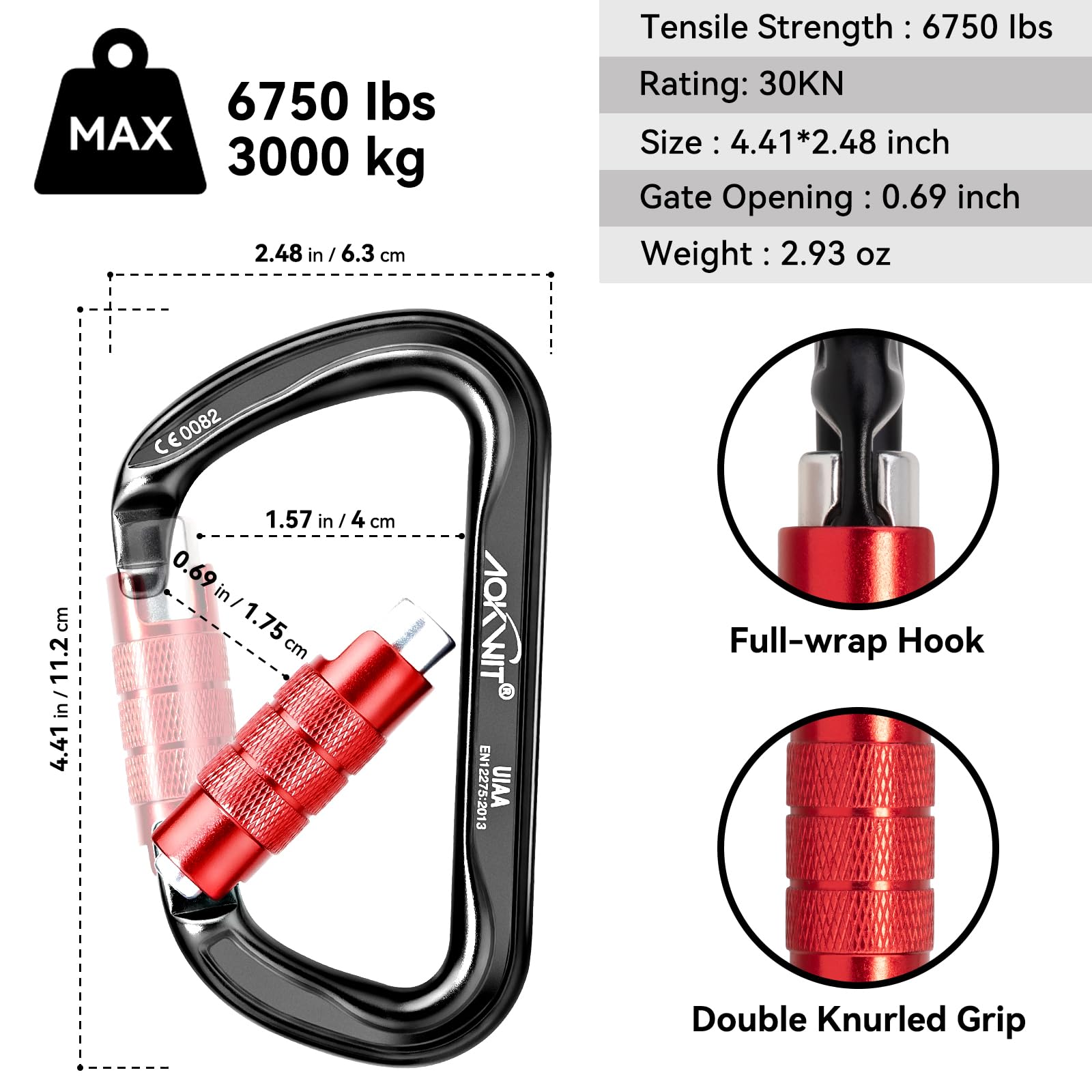 30 kN automatischer Verriegelungs-Karabiner, Drehverschluss, UIAA-zertifiziert, großer Kletterkarabiner, robuster Karabiner für Felsen, Klettern, Abseilen, Bergsteigen, Höhlen, Rettung, Baumpfleger