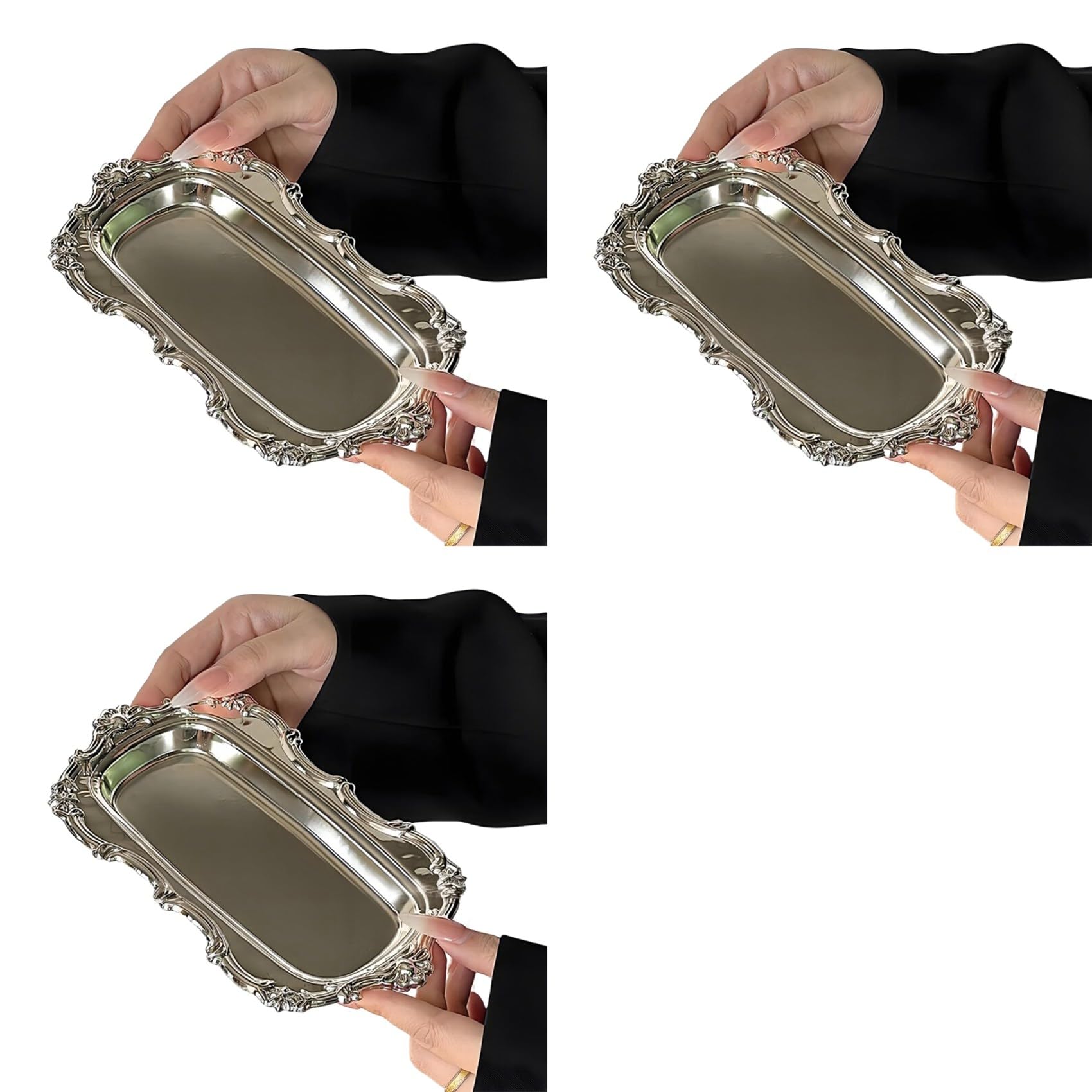 Hndhbfgrt 3X Vintage Embossed Stainless Steel Tray Serving Platter for Desserts Jewelry Storage Snack Plate for Dining Table Decor