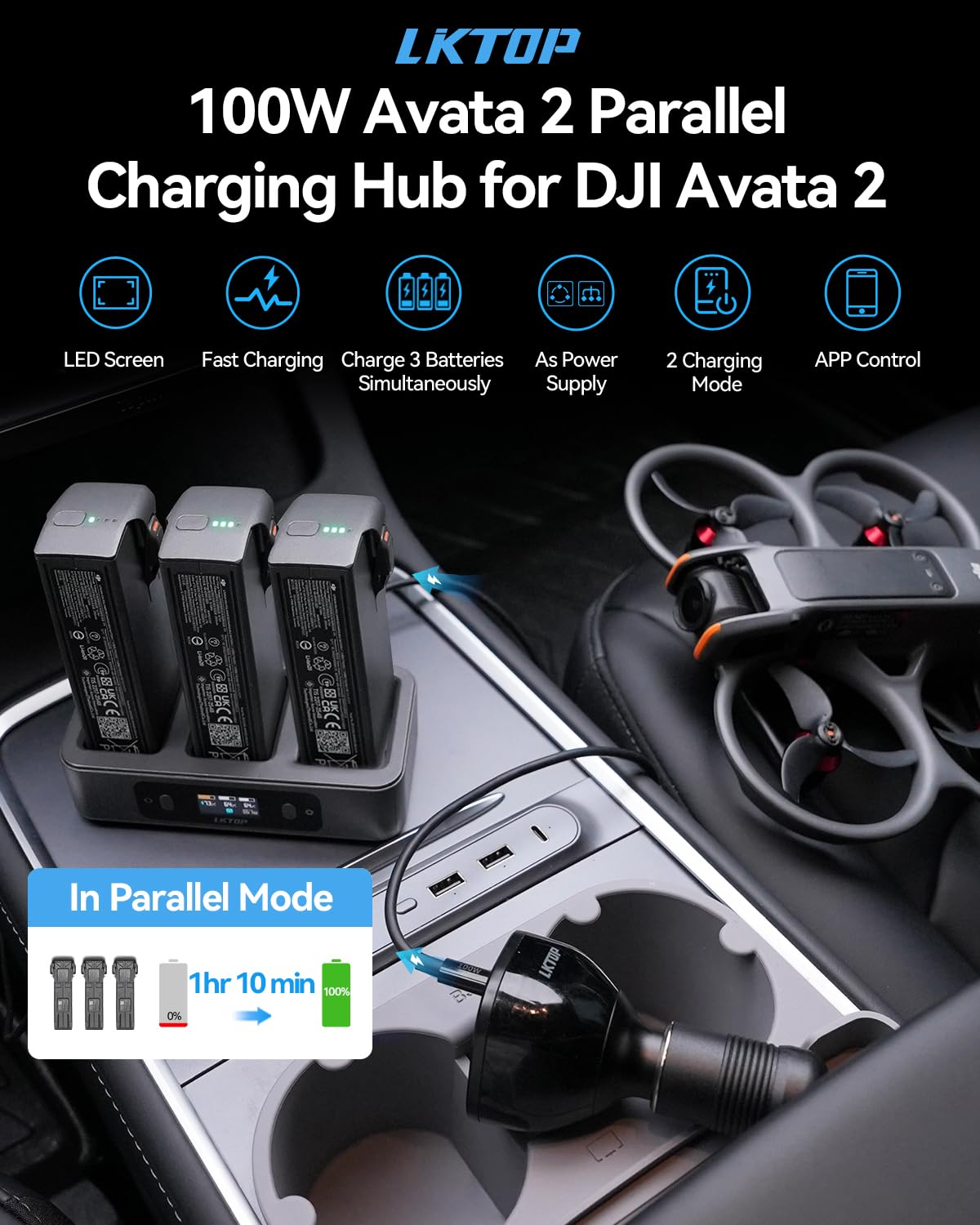 LKTOP 100W Avata 2 Akku Ladegerät Kit für DJI Avata 2 Drohnenzubehör, mit 130W Autoladegerät, 3 Port Schnellladegerät, LED Bildschirmanzeige (2X Schnell, paralleles Laden von 3 Akkus: 1 Std 10 Min)