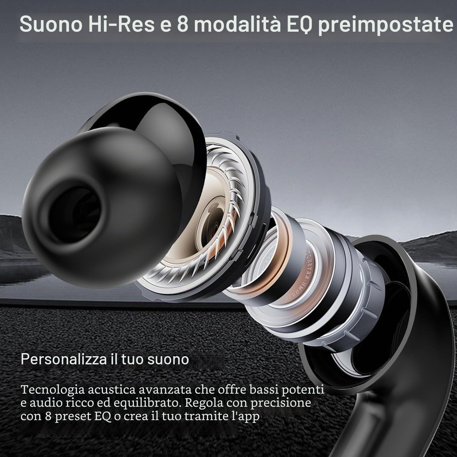 Cuffie Wireless con Cancellazione Rumore Attiva, ANC 6-Mic, 49Ore Musica, Hi-Res Bassi potenti Bluetooth 5.4 Auricolari con APP, 8 Modalità EQ, Ricarica Wireless, Cuffie Sport IPX7, Connessione Doppia