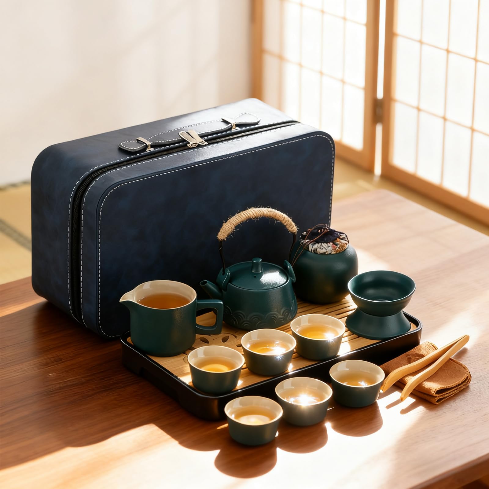 Service à thé chinois japonais, 14 pièces Gongfu avec 6 petites tasses, plateau à caniste, passoire traditionnelle, kit de cérémonie du thé Kung Fu portable en céramique pour la maison, le bureau, les