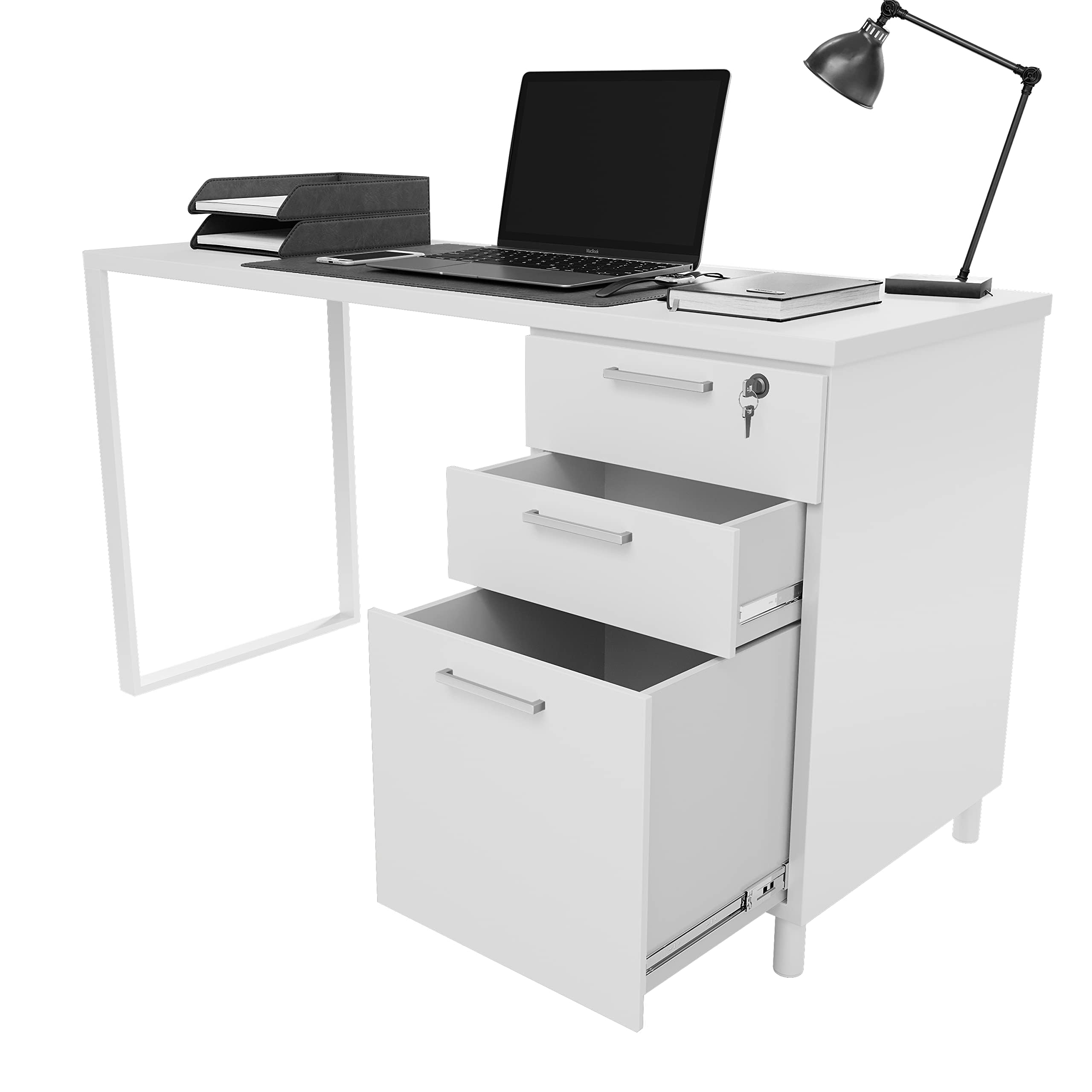 Modern Design Milano Office Desk with 3 Locking Drawers, 48 Inch White Industrial Wood Desk with Filing Drawer and Storage, by Crafts and Comfort