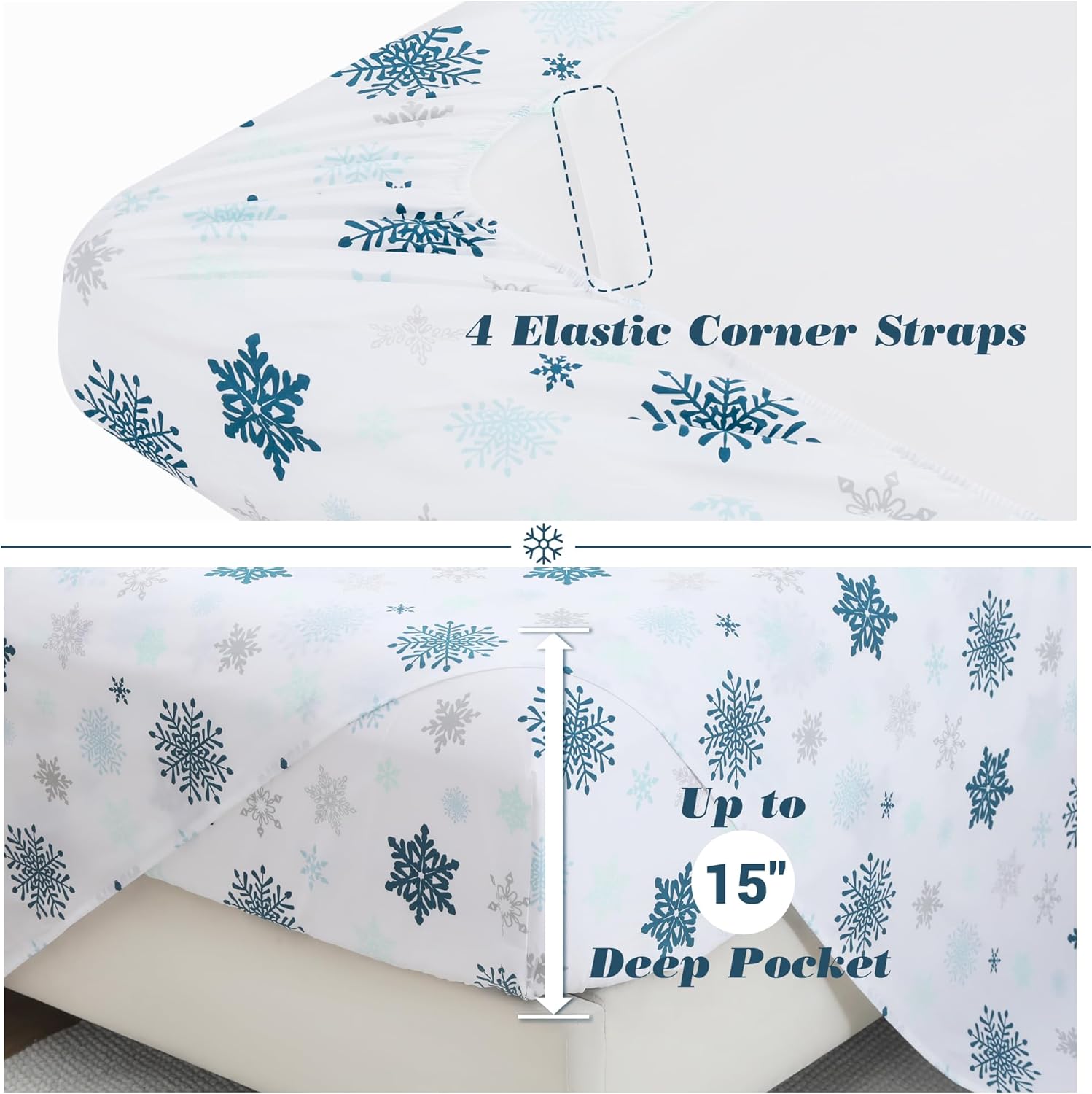 Viviland Christmas Holiday 100% Cotton Sheets Queen, Crisp Cooling Percale Snowflake Sheets, Soft Cozy Winter Bedding