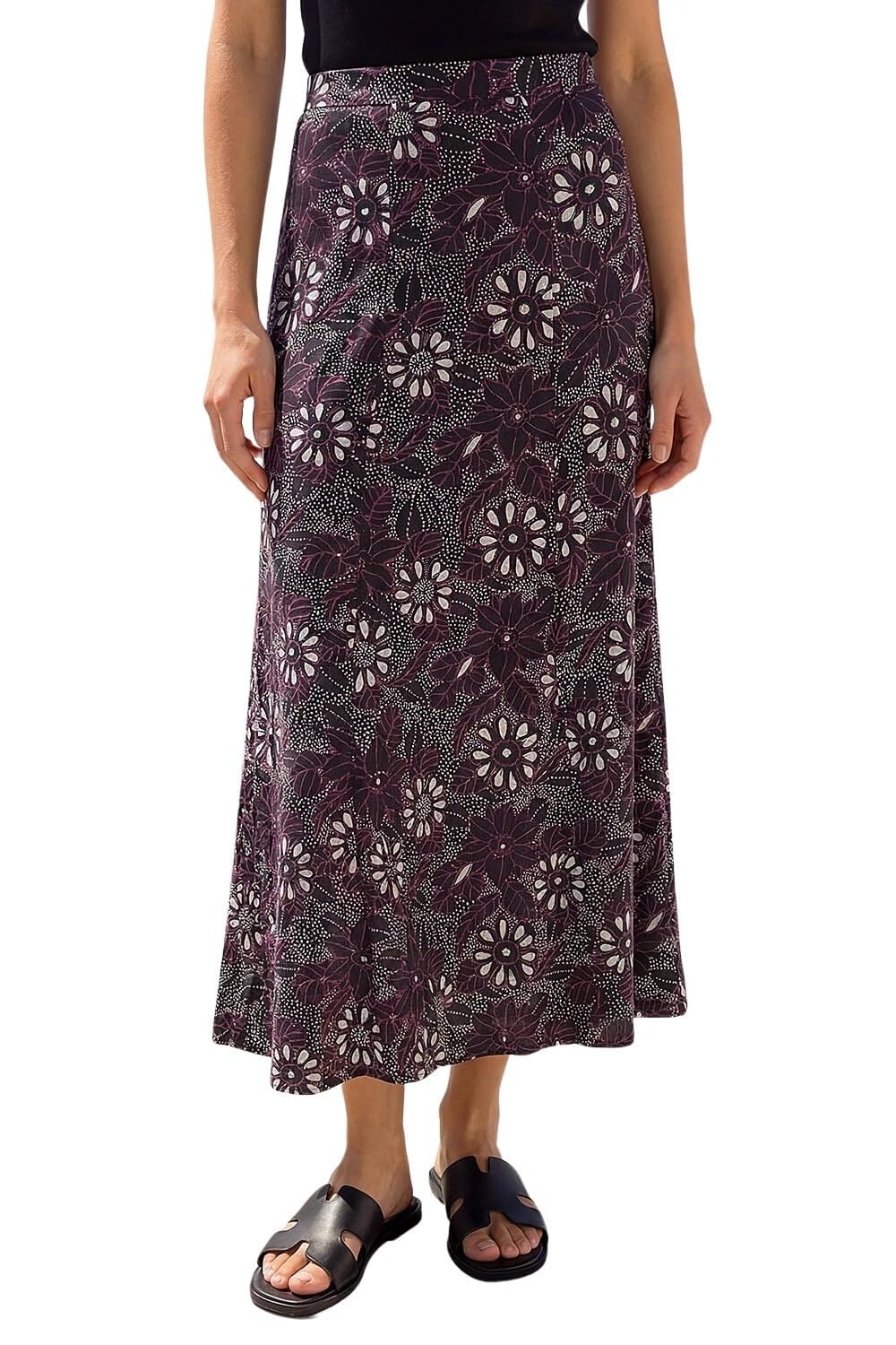 Roman Jersey Skirt for Women UK - Ladies Midi Maxi Floral Animal Print Autumn Winter Swing Smart Casual Office Cocktail Party Going Out Evening Holiday Cruise - Floral Black - Size 12