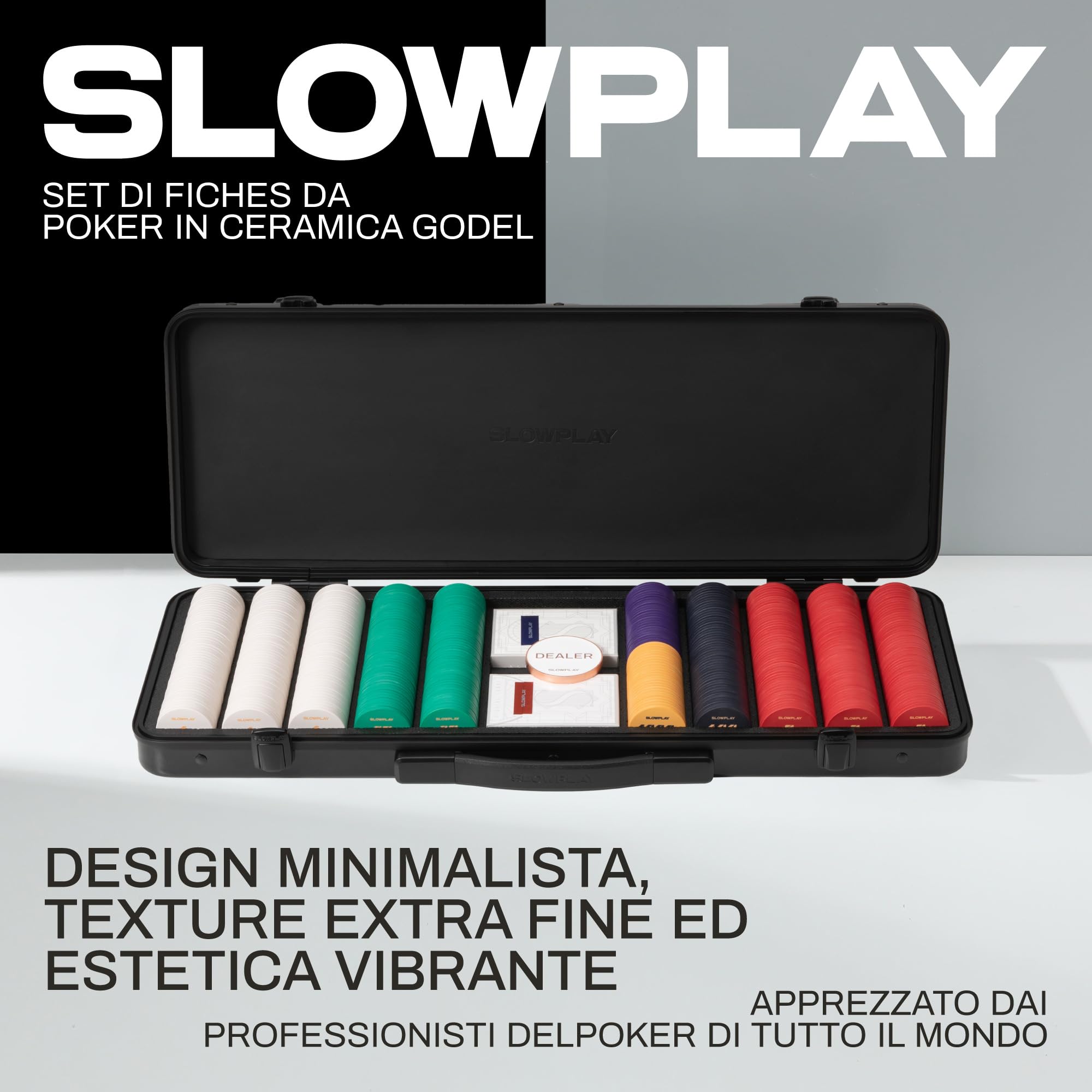 SLOWPLAY Set poker in ceramica Godel, fiches 12 g/43 mm, Texas Hold’em | 500 pezzi senza valore; valigetta premium in PC effetto specchio; fiches in composito ceramico; stile minimalista