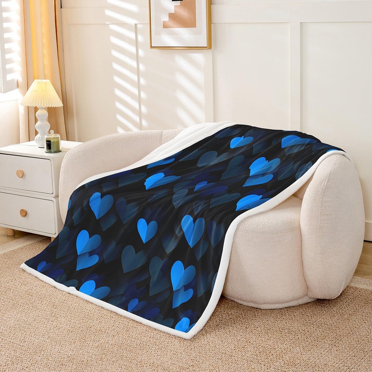 Feelyou Kids Blue and Black Fleece Throw Blanket Heart Love Sherpa Blanket Queen 90"x90" for Boys Girls Bedroom Decor Geometric Plush Blanket Modern Fuzzy Blanket image 3