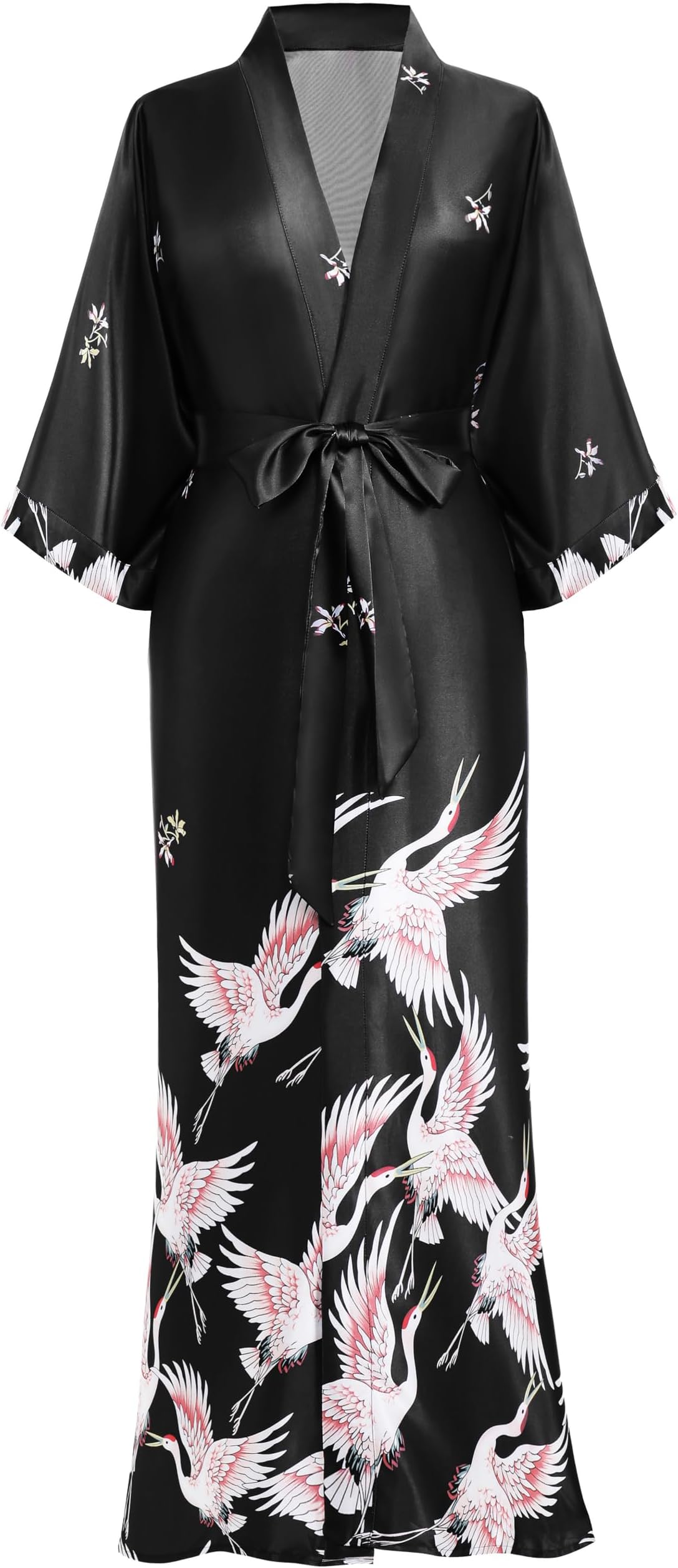 PRODESIGN Long Kimono Robe Satin Sleepwear Blouse Bathrobe Nightgown Silky Crane Kimono Cardigan Robe