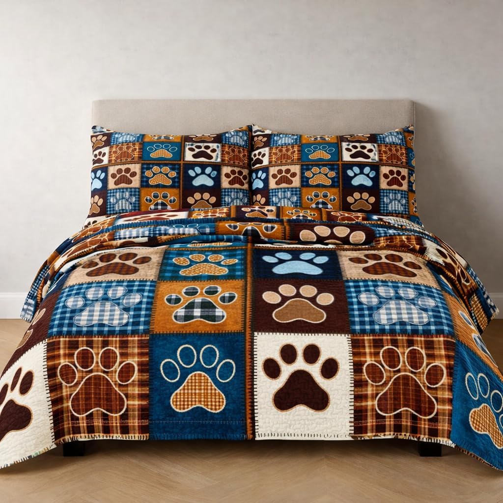 Patchwork Quilt Set King Size, Blue Brown Dog Paw Bedspread, Soft Lightweight Microfiber Bedding Set, Farmhouse Rustic Coverlet, All Season 3 Piece (Dog Paw, King)