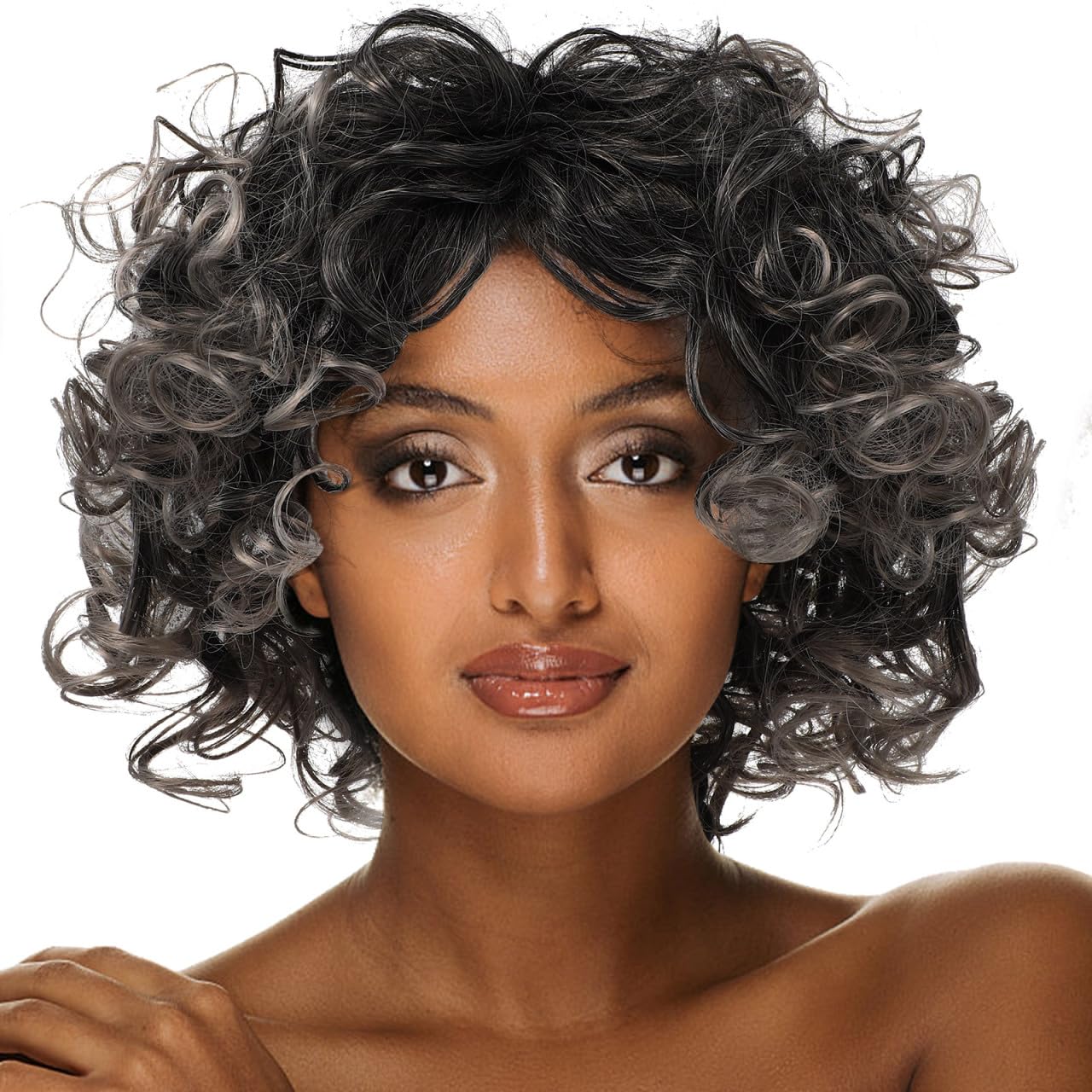 minkissy Short Curly Afro Wig Black to Silver Gray Synthetic Hairpiece for Women Daily Wear Halloween Cosplay