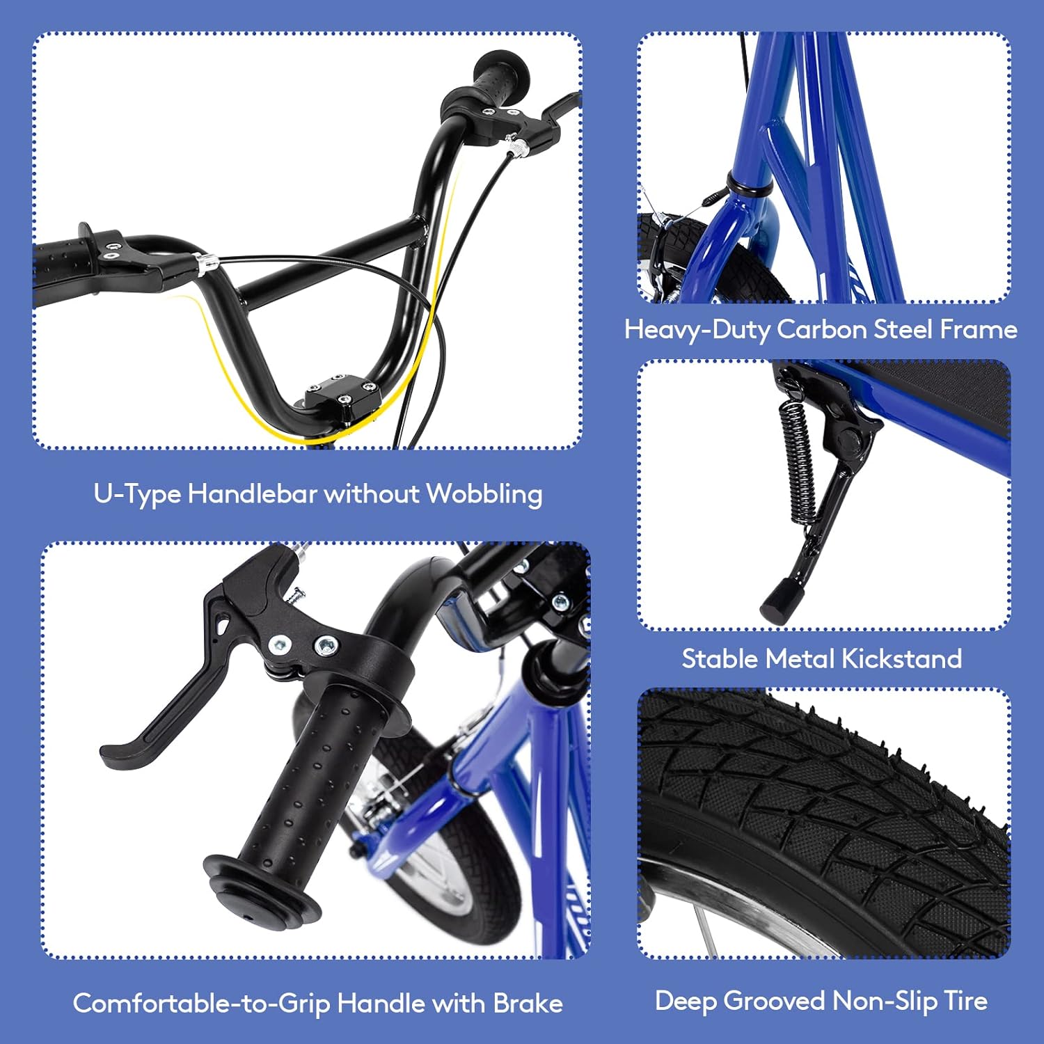 Close-up images of the Goplus Youth Kick Scooter's features: U-type handlebar, heavy-duty carbon steel frame, stable metal kickstand, comfortable-to-grip handle with brake, and deep grooved non-slip tire.