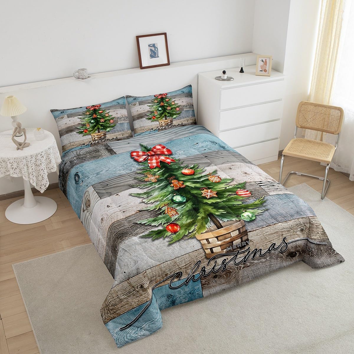 Christmas Trees Kids Comforter Set Queen Size,Old Wooden Plank Rustic Farmhouse Bedding Set,Girls Boys Adults Xmas Decor,Happy New Year Down Comforter,Blue Brown Retro Duvet Insert,2 Pillowcases