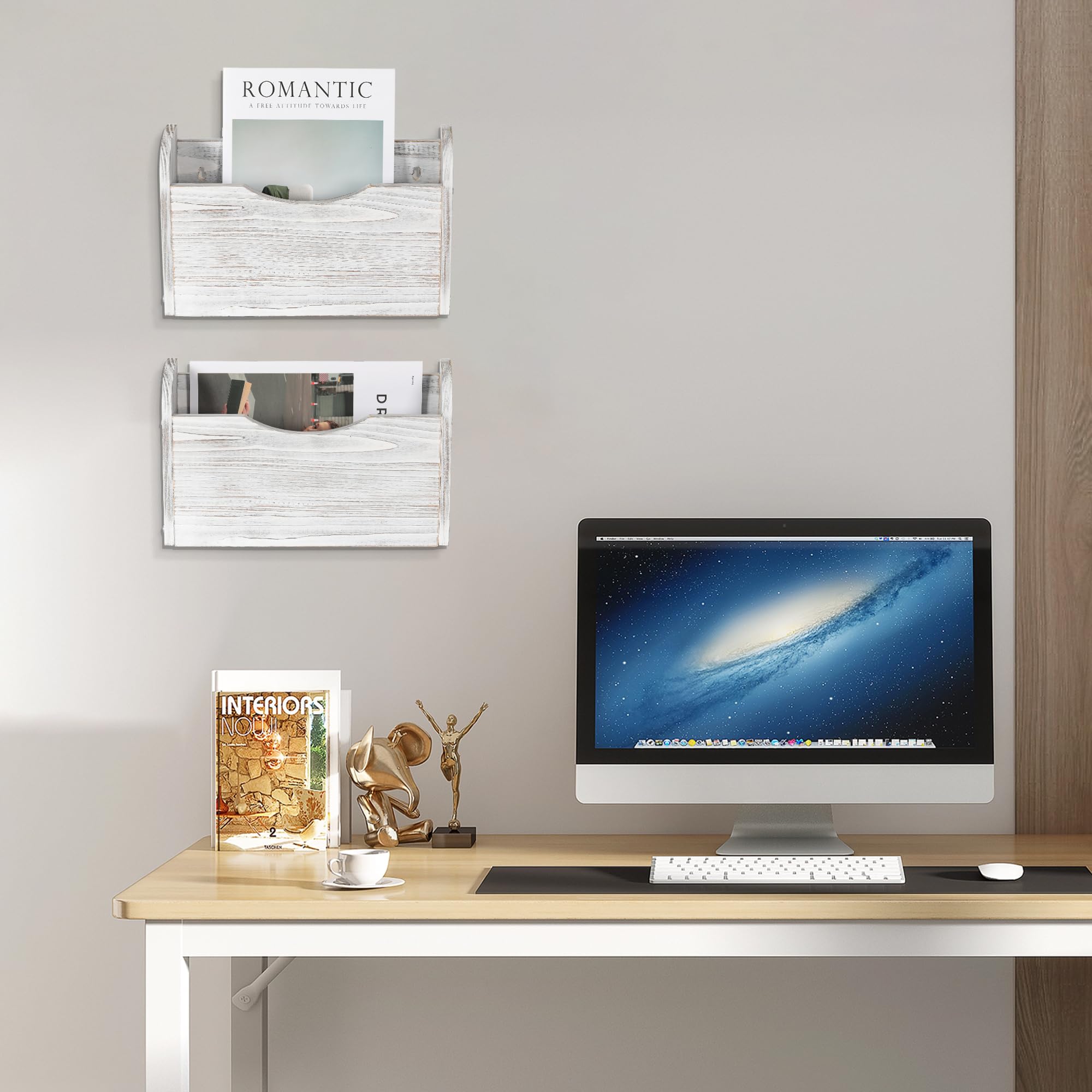 Organiseur mural à 2 poches à suspendre pour dossiers de courrier et documents, porte-revues vintage pour bureau, maison, école, blanc rétro
