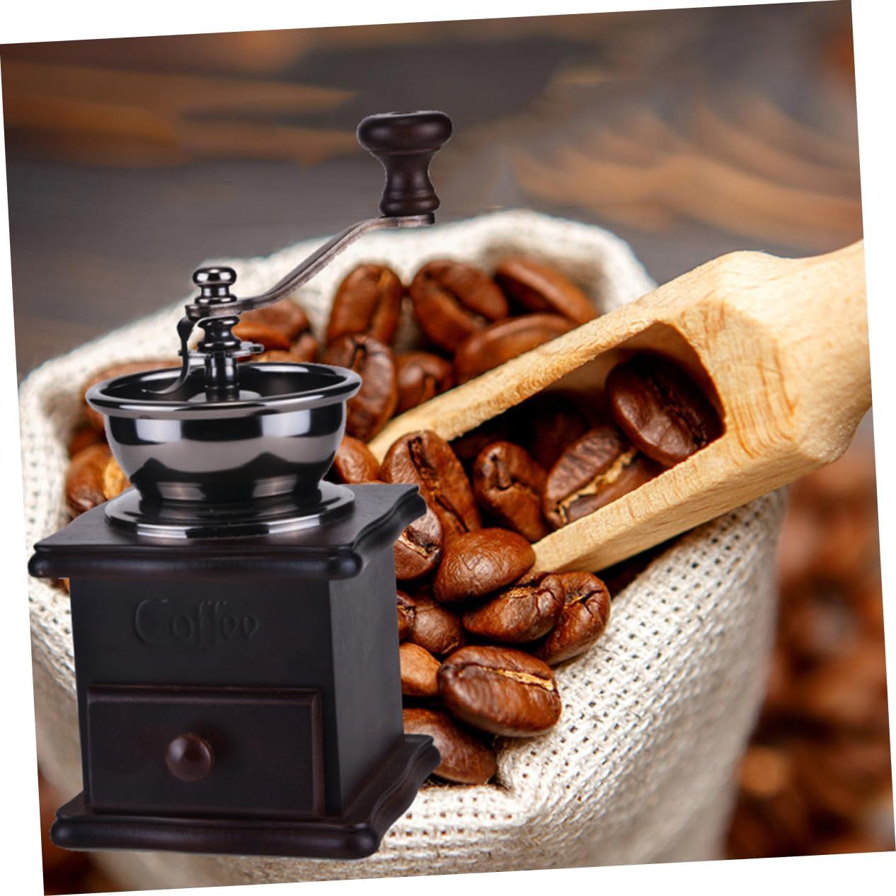 Mobestech Manual Coffee Bean Grinder Vintage Hand-Crank Wooden Burr Mill for Grinding Coffee Beans Portable Retro Style for Home Camping and Travel