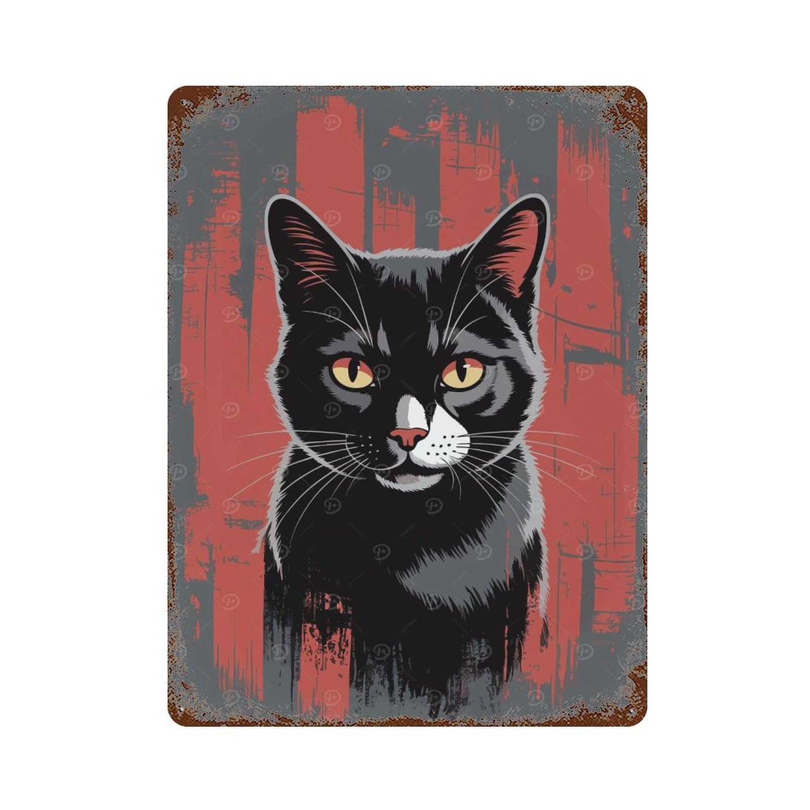 Distressed Metal Wall Sign Black Cat Portrait with Red Backdrop 15.7"x11.8", Vintage Wall Decor for Garage, Bar And Workshop Decor